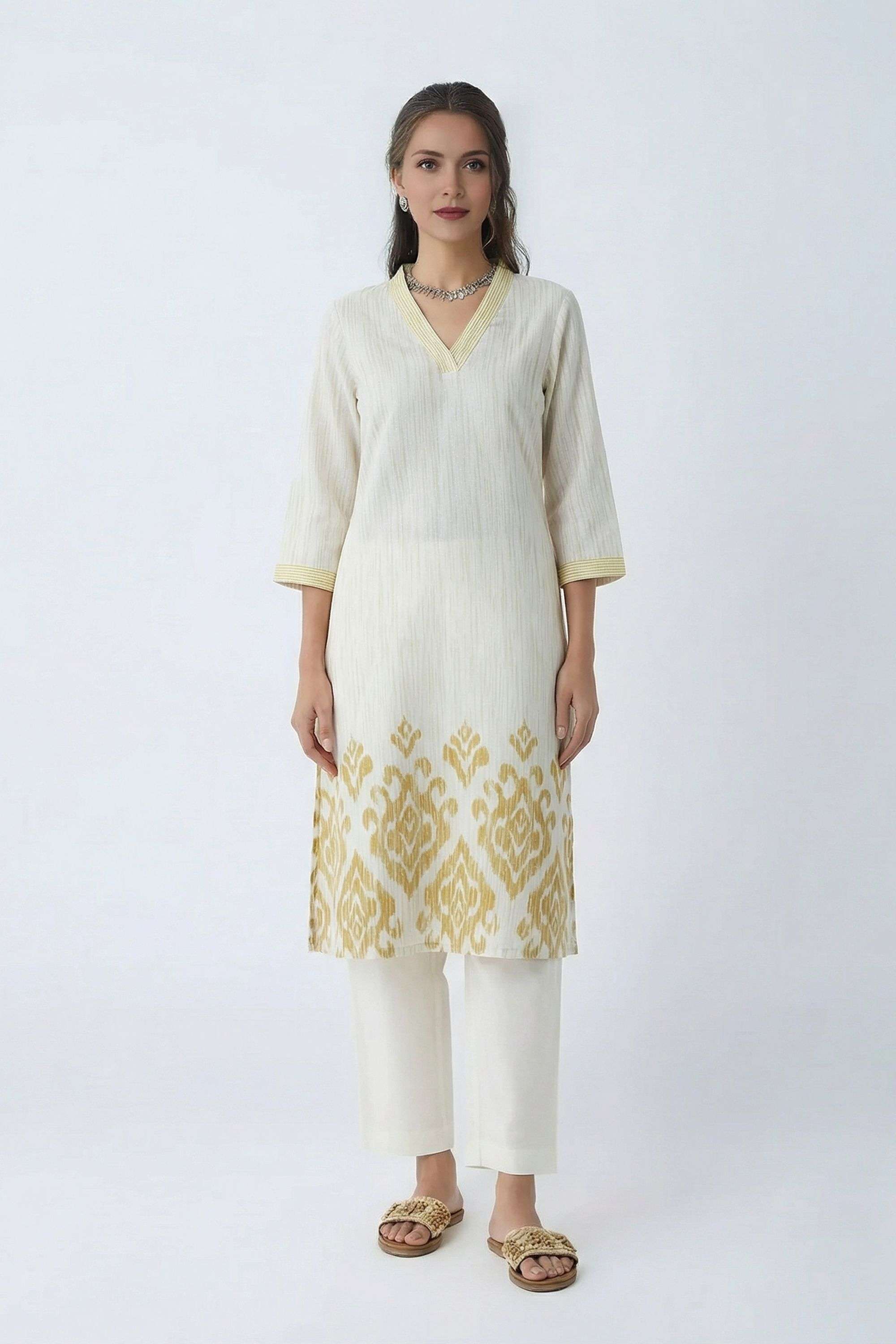 Printed-Blended-Fabric-V-Neck-Women-s-Casual-Wear-Kurta