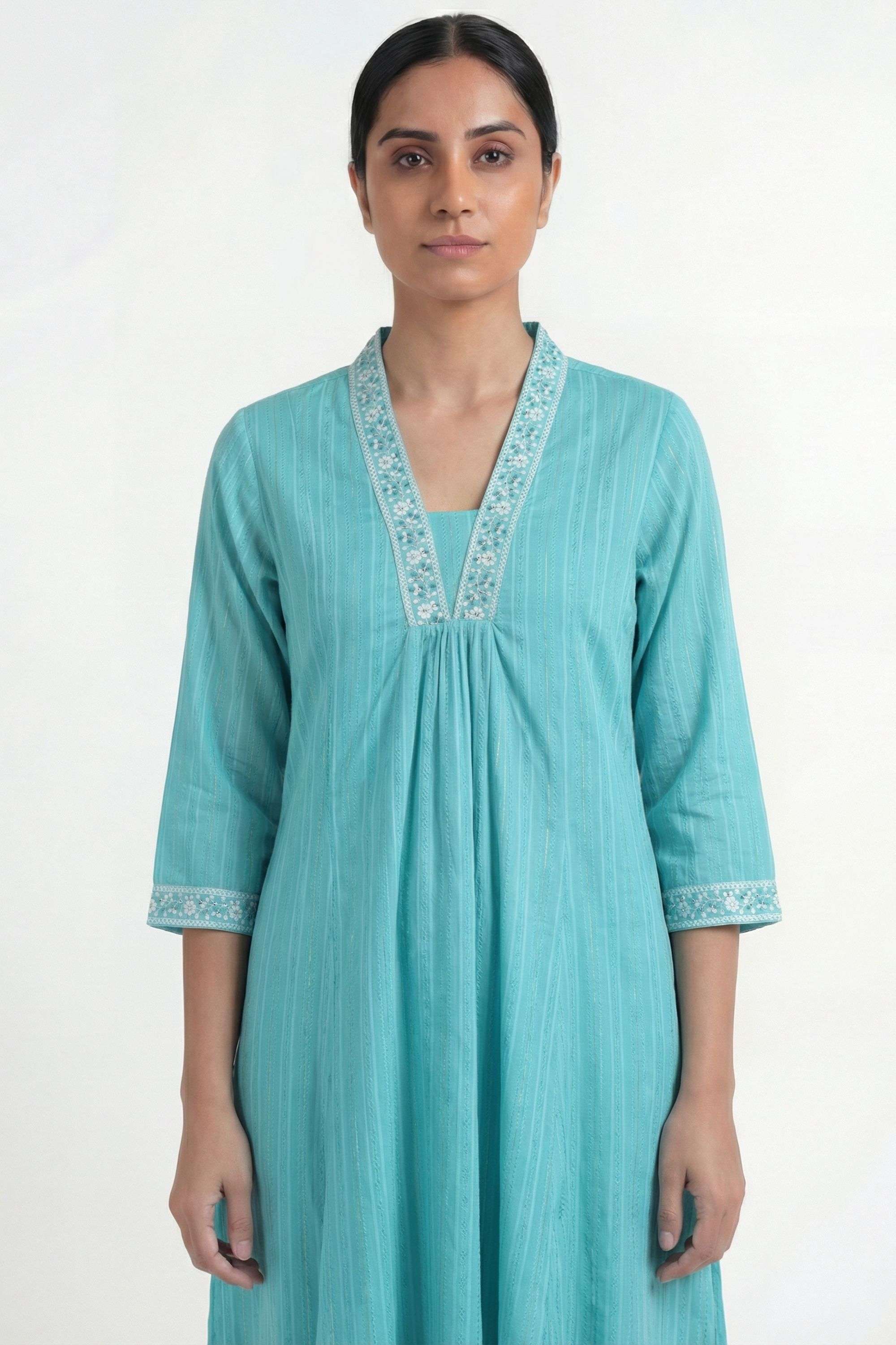 Solid-Blended-Fabric-Y-Neck-Women-s-Casual-Wear-Kurta