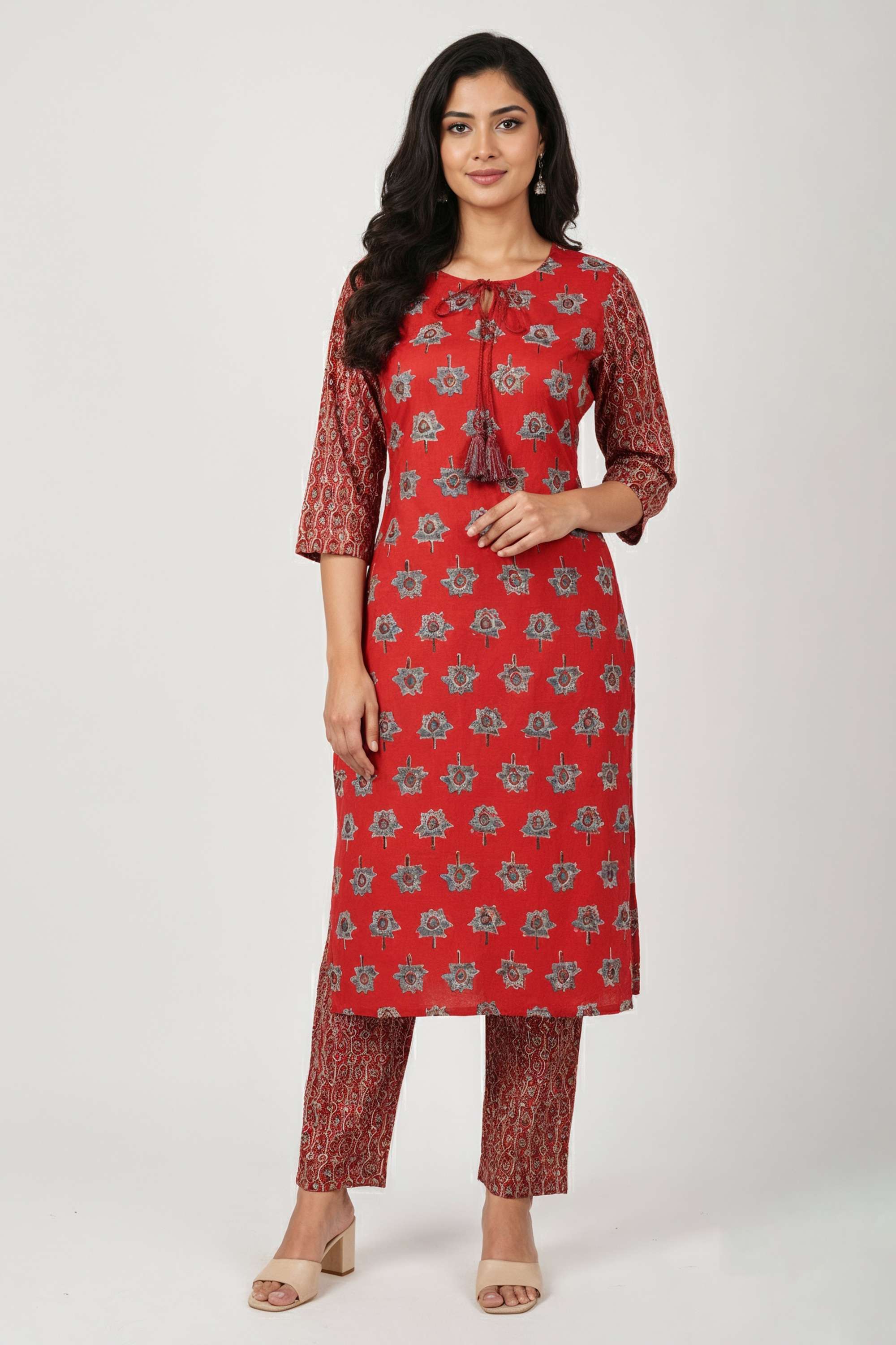 Printed-Cotton-Tie-Up-Neck-Women-s-Casual-Wear-Kurta-Set