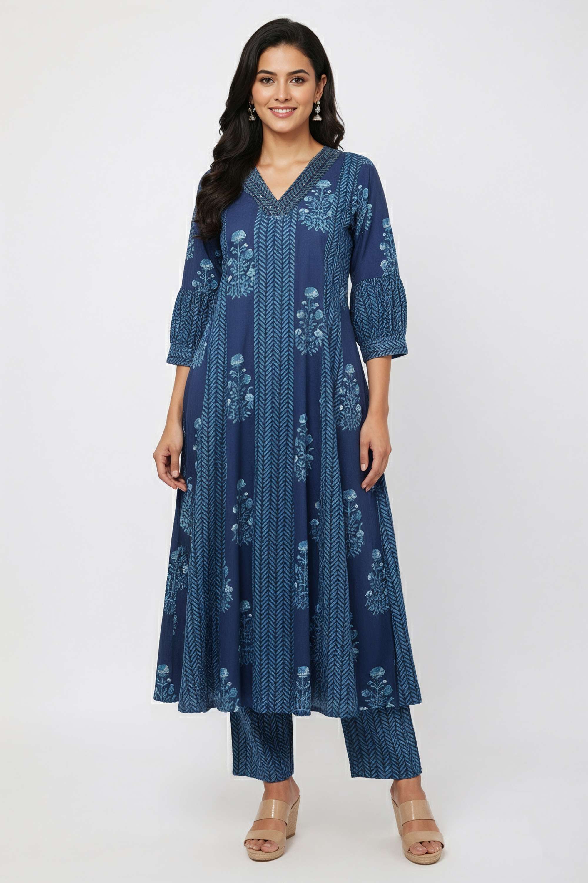 Printed-Cotton-V-Neck-Women-s-Casual-Wear-Kurta-Set