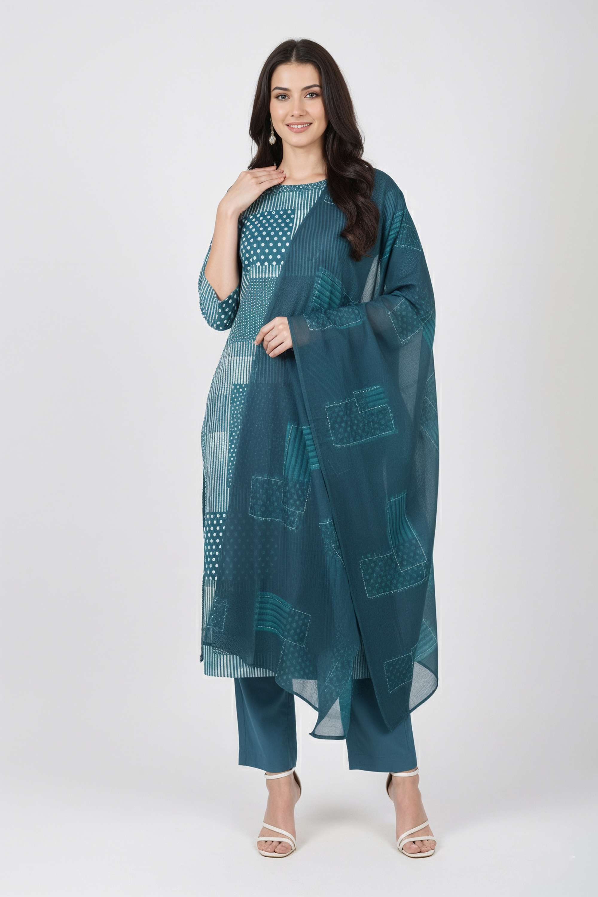 Abstract-Blended-Fabric-Round-Neck-Women-s-Casual-Wear-Kurta-Set