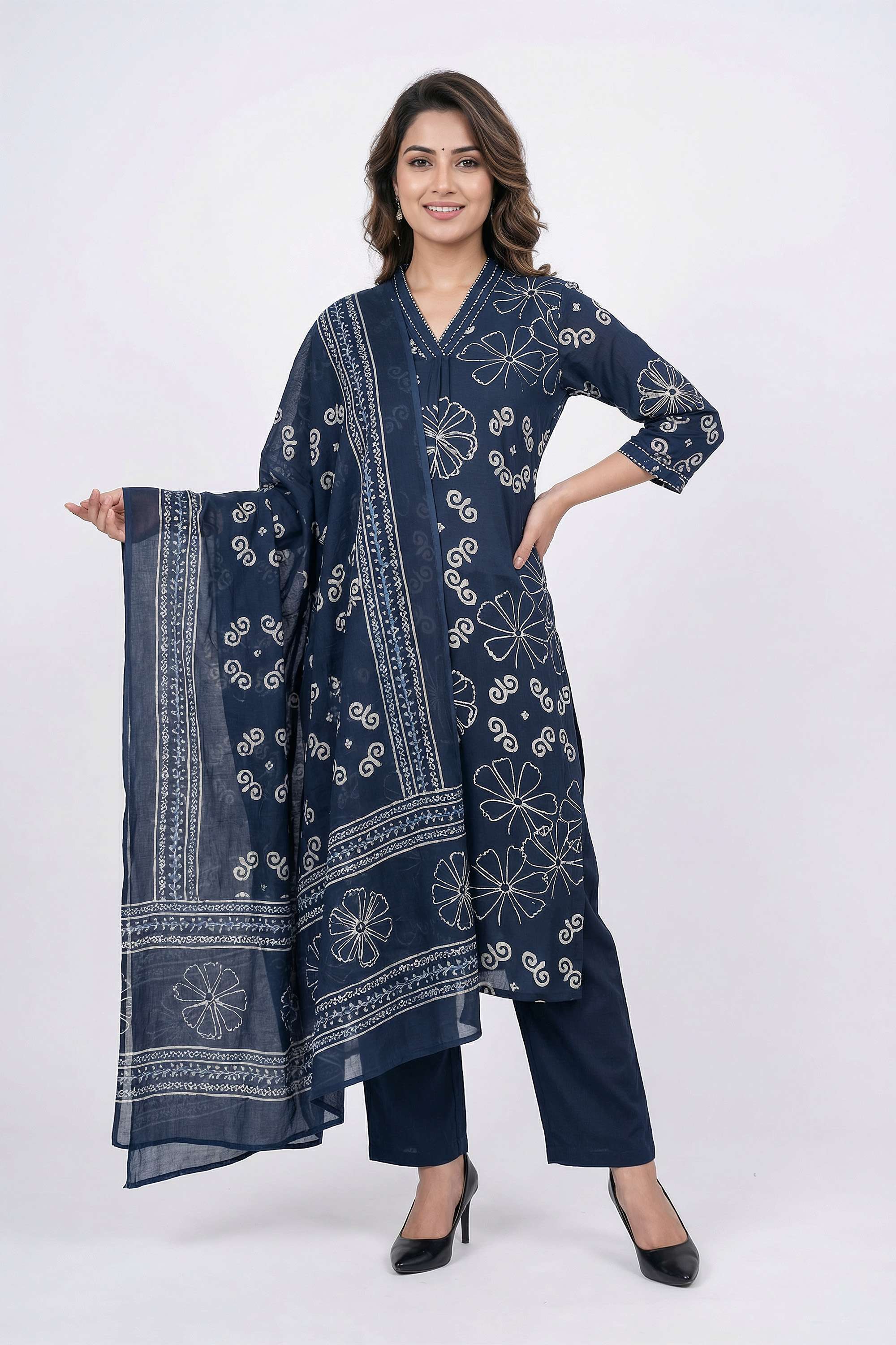 Printed-Blended-Fabric-Y-Neck-Women-s-Casual-Wear-Kurta-Set