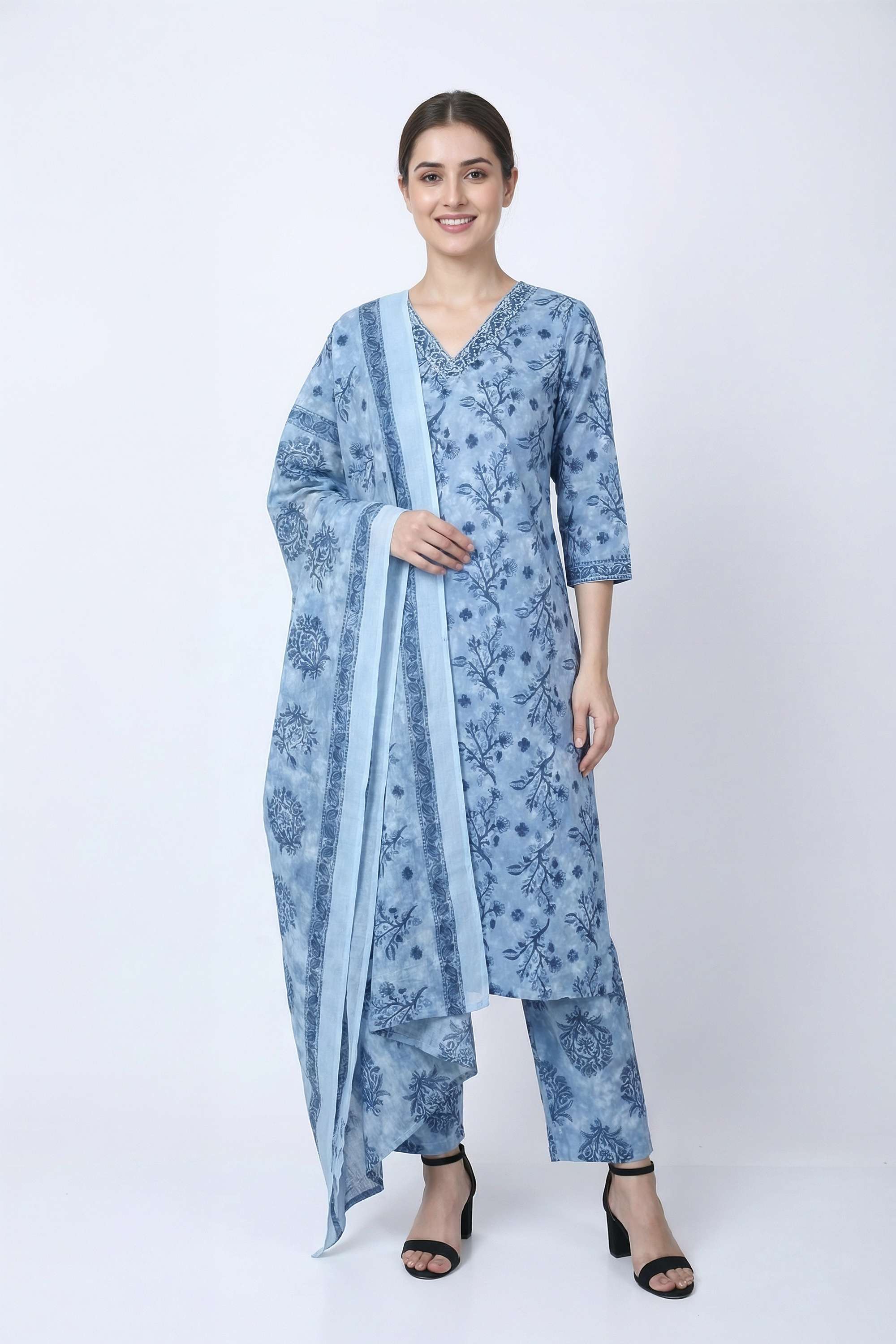Floral-V-Neck-Blended-Fabric-Women-Kurta-with-Pant-and-Dupatta