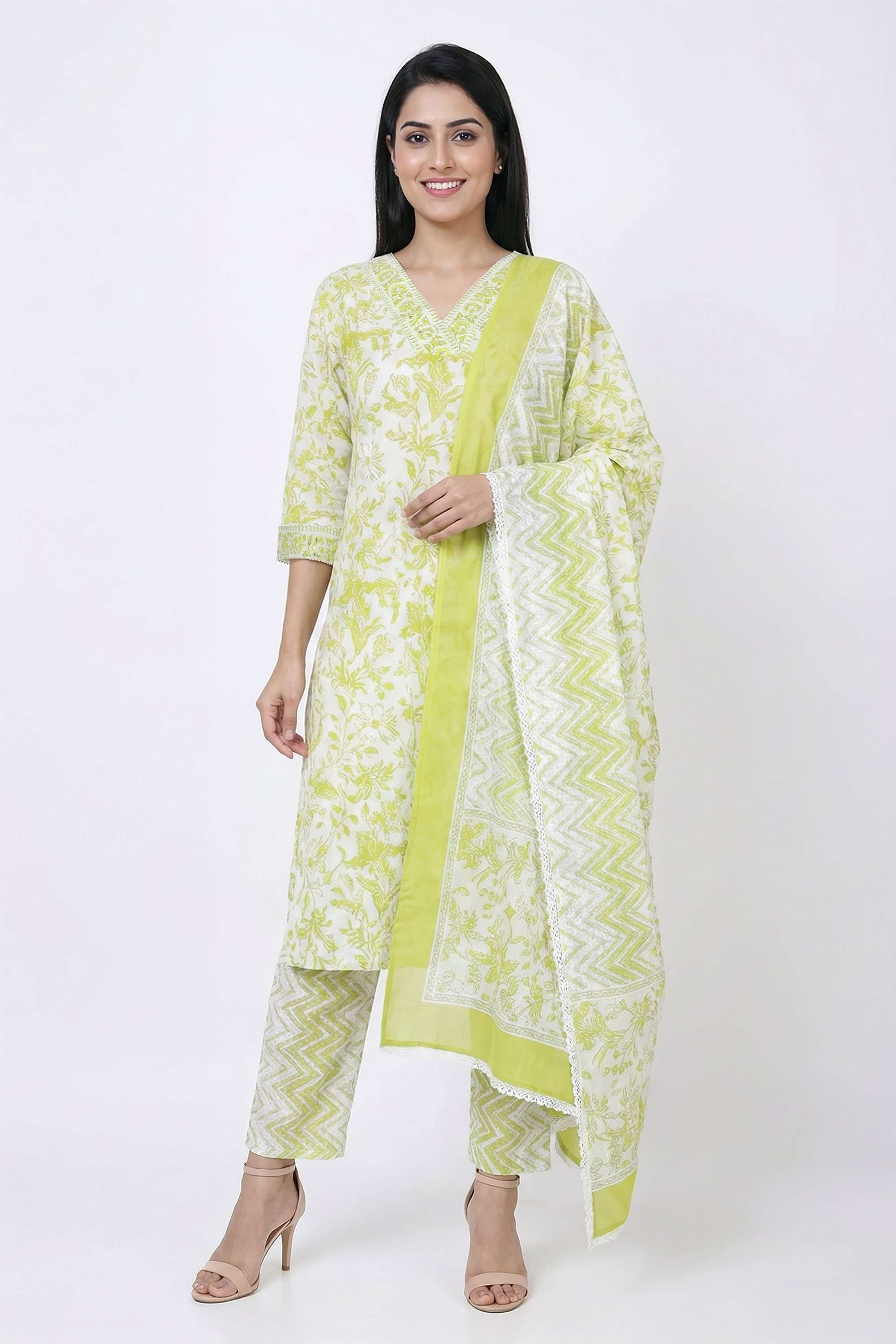 Floral-Y-Neck-Blended-Fabric-Women-Kurta-with-Pant-and-Dupatta