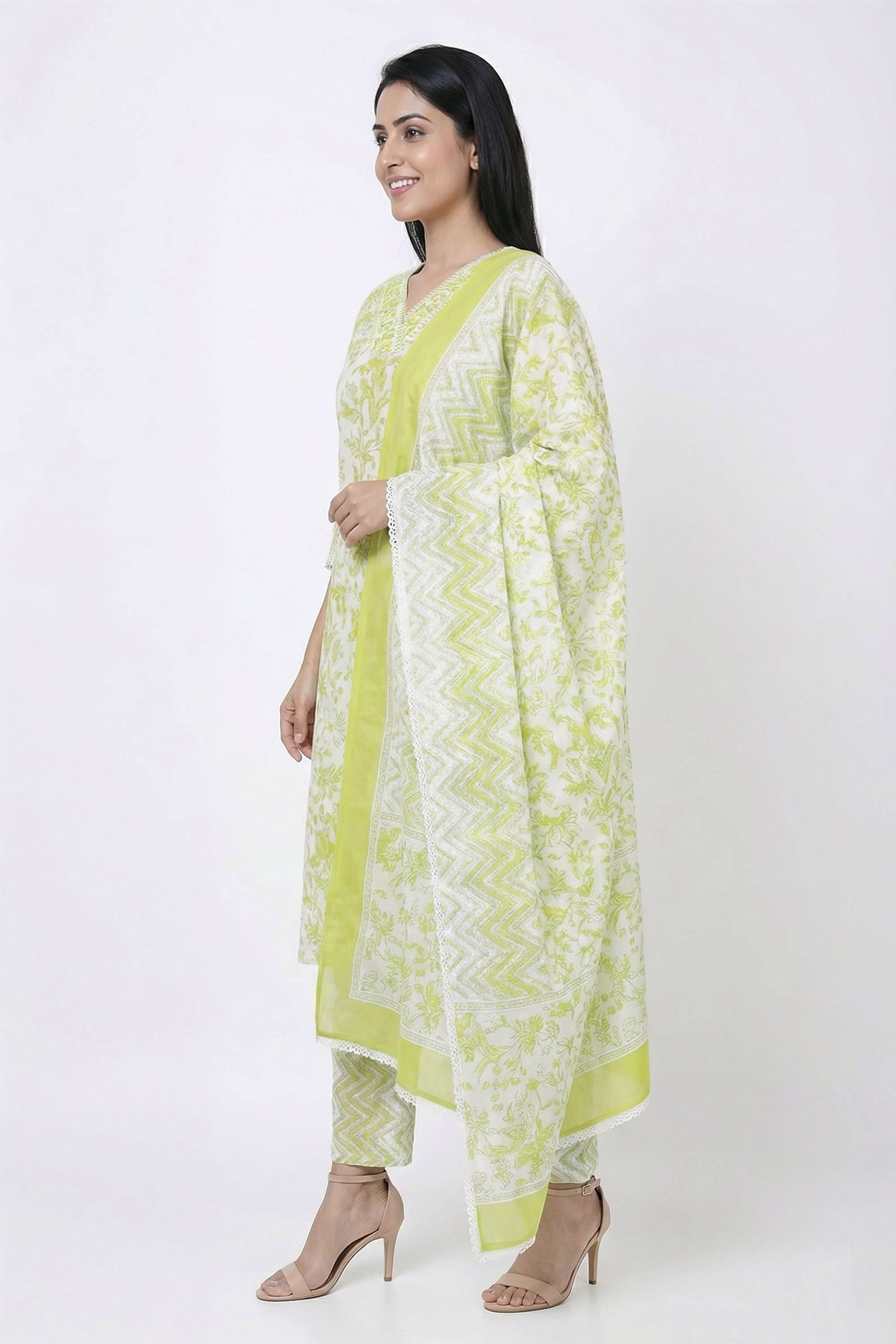 Floral-Y-Neck-Blended-Fabric-Women-Kurta-with-Pant-and-Dupatta
