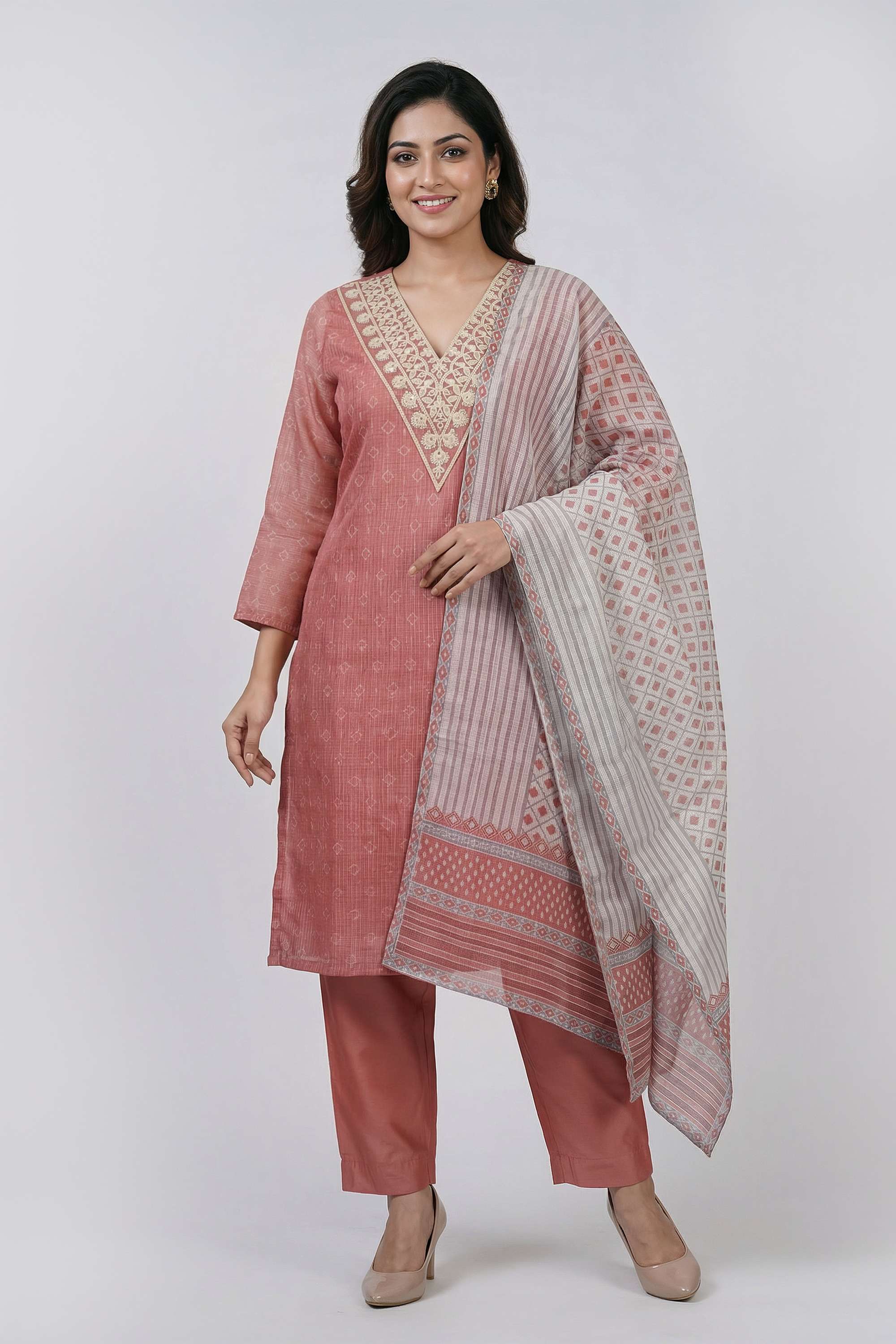Solid-Blended-Fabric-V-Neck-Women-s-Casual-Wear-Kurta-Set