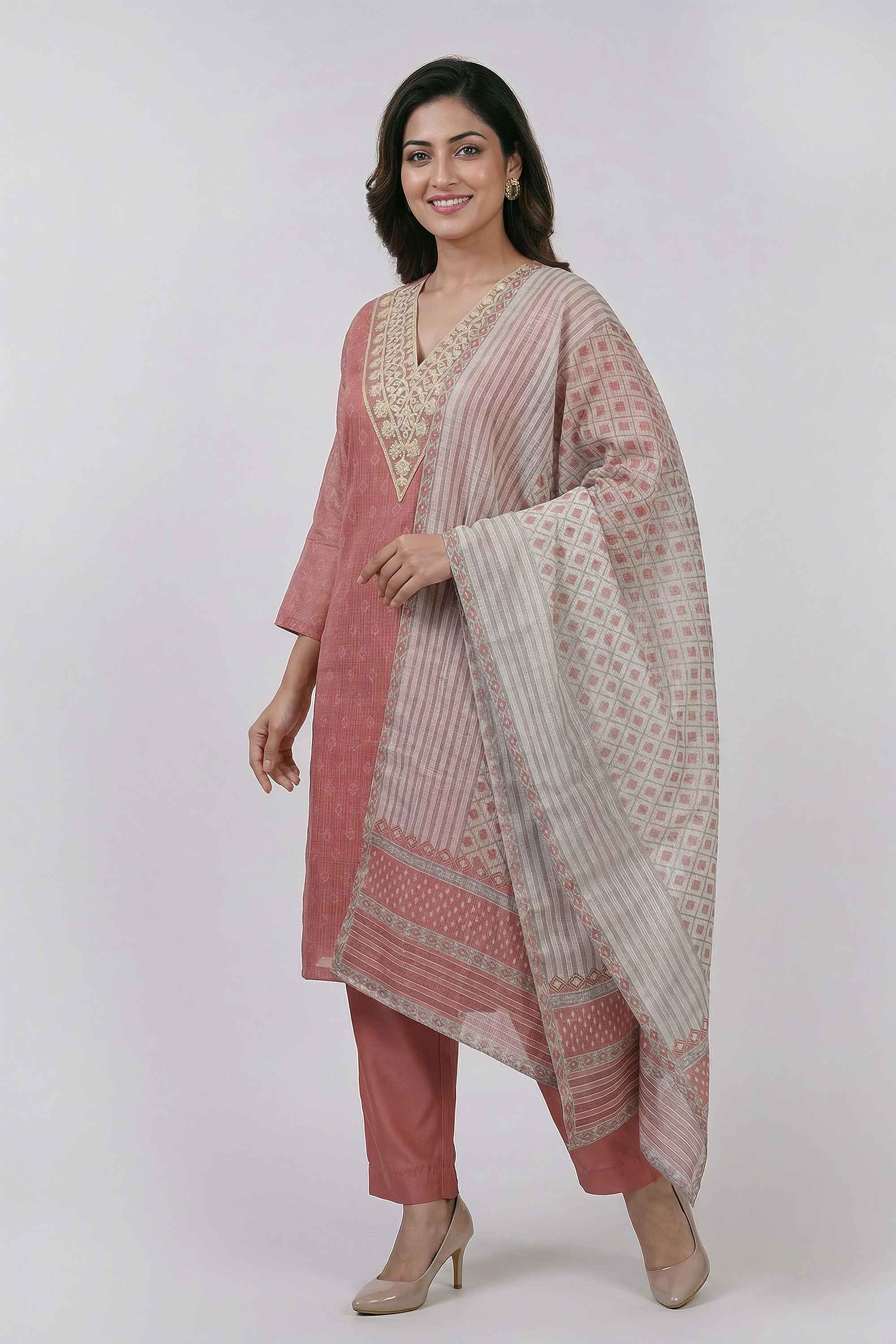 Solid-Blended-Fabric-V-Neck-Women-s-Casual-Wear-Kurta-Set