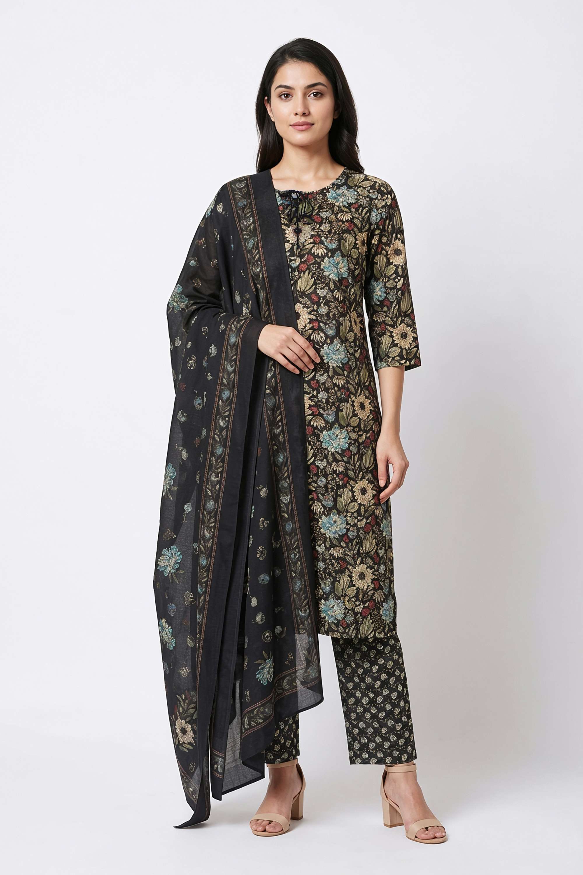 Solid-Blended-Fabric-Round-Neck-Women-s-Casual-Wear-Kurta-Set