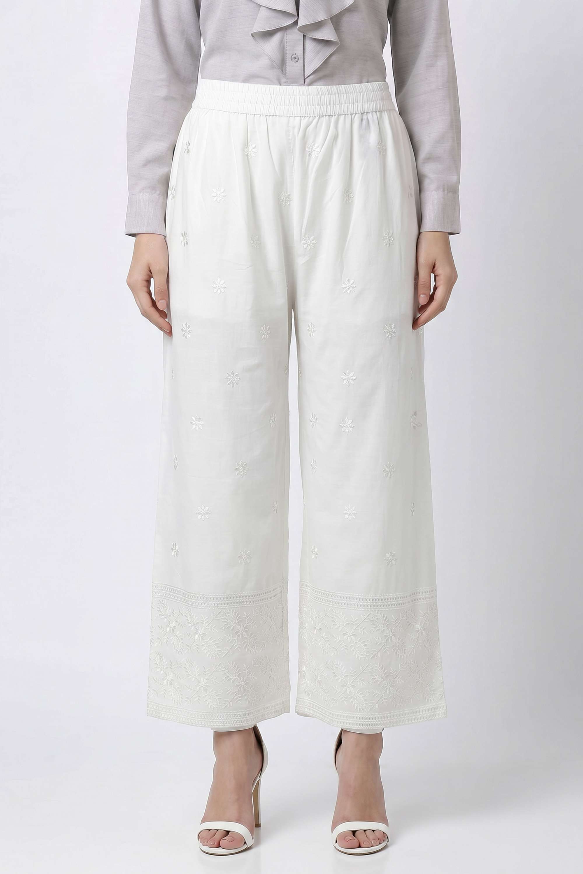 stop Embroidered Straight Fit Blended Fabric Women's Ankle Length Palazzos-picture-11