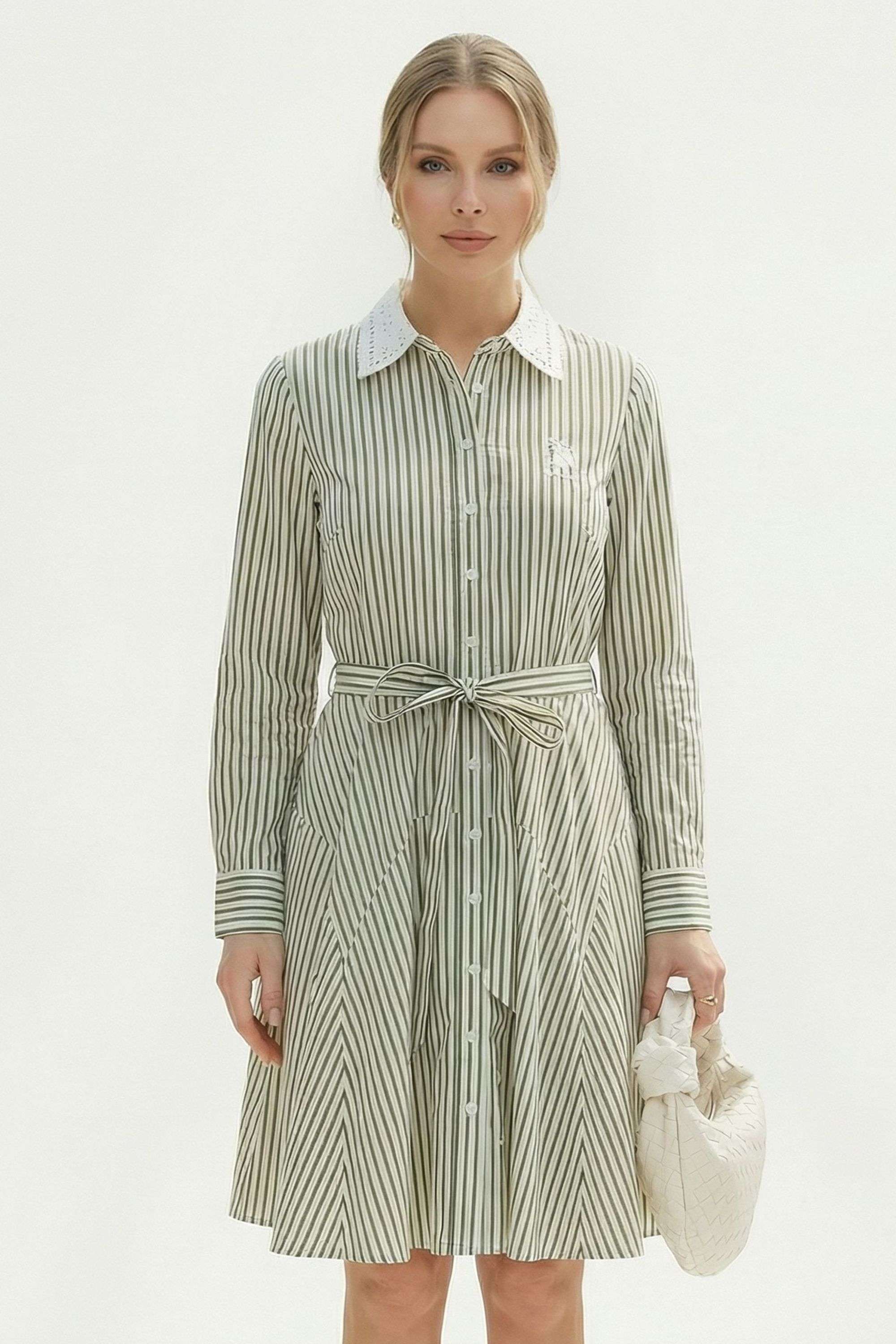 Stripes-Collared-Blended-Fabric-Women-Dress