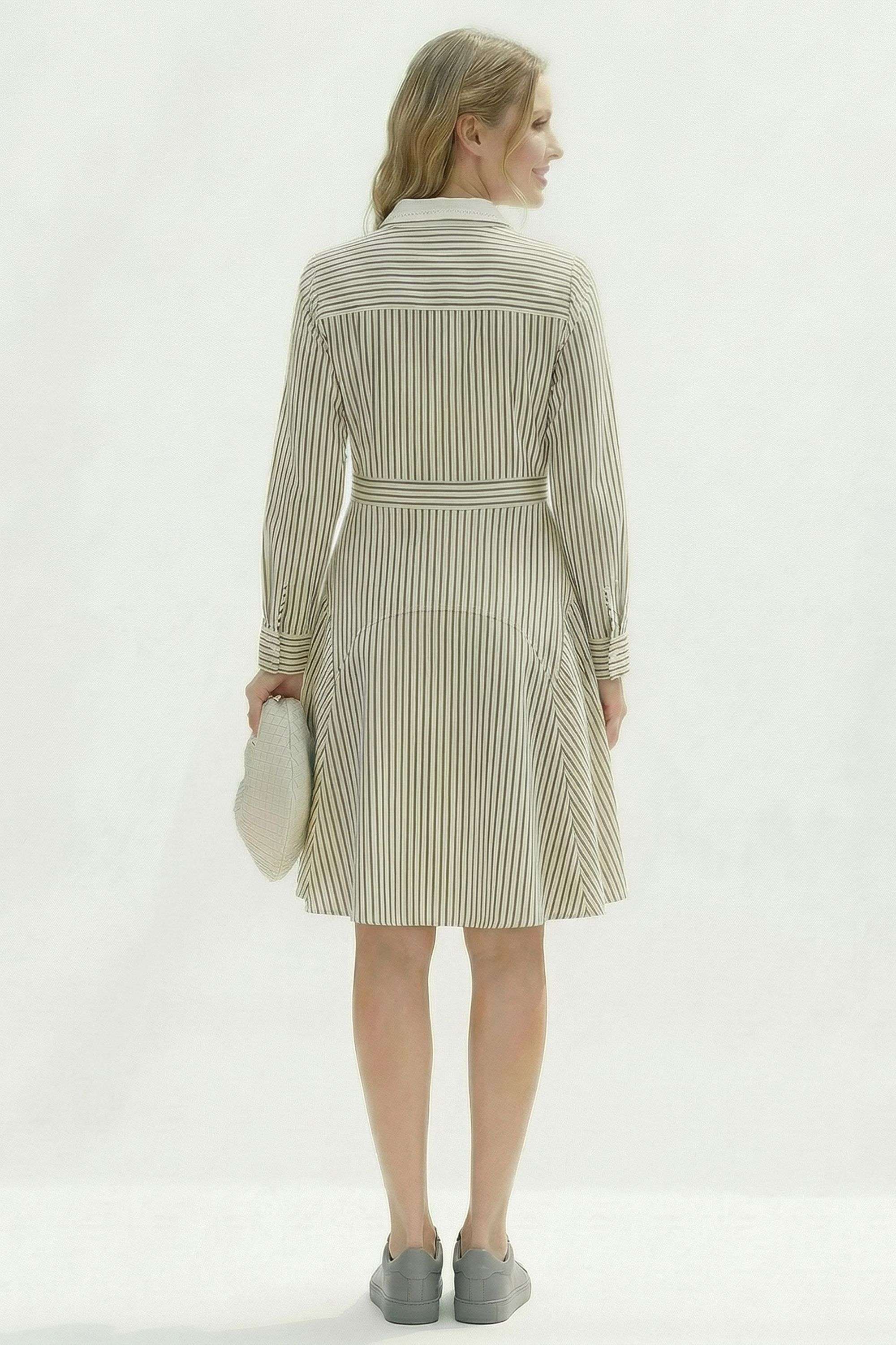 Stripes-Collared-Blended-Fabric-Women-Dress