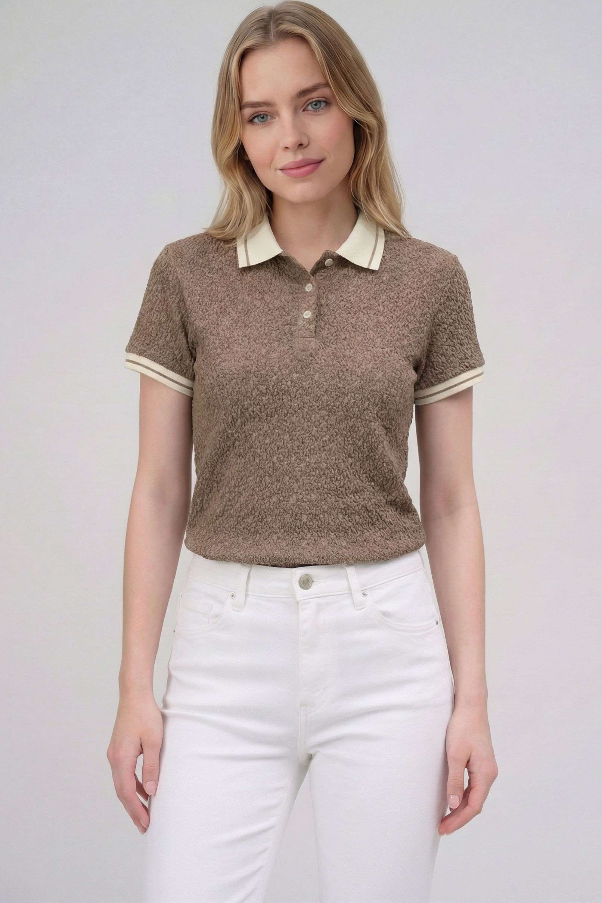 Solid-Blended-Fabric-Collared-Women-s-T-Shirt