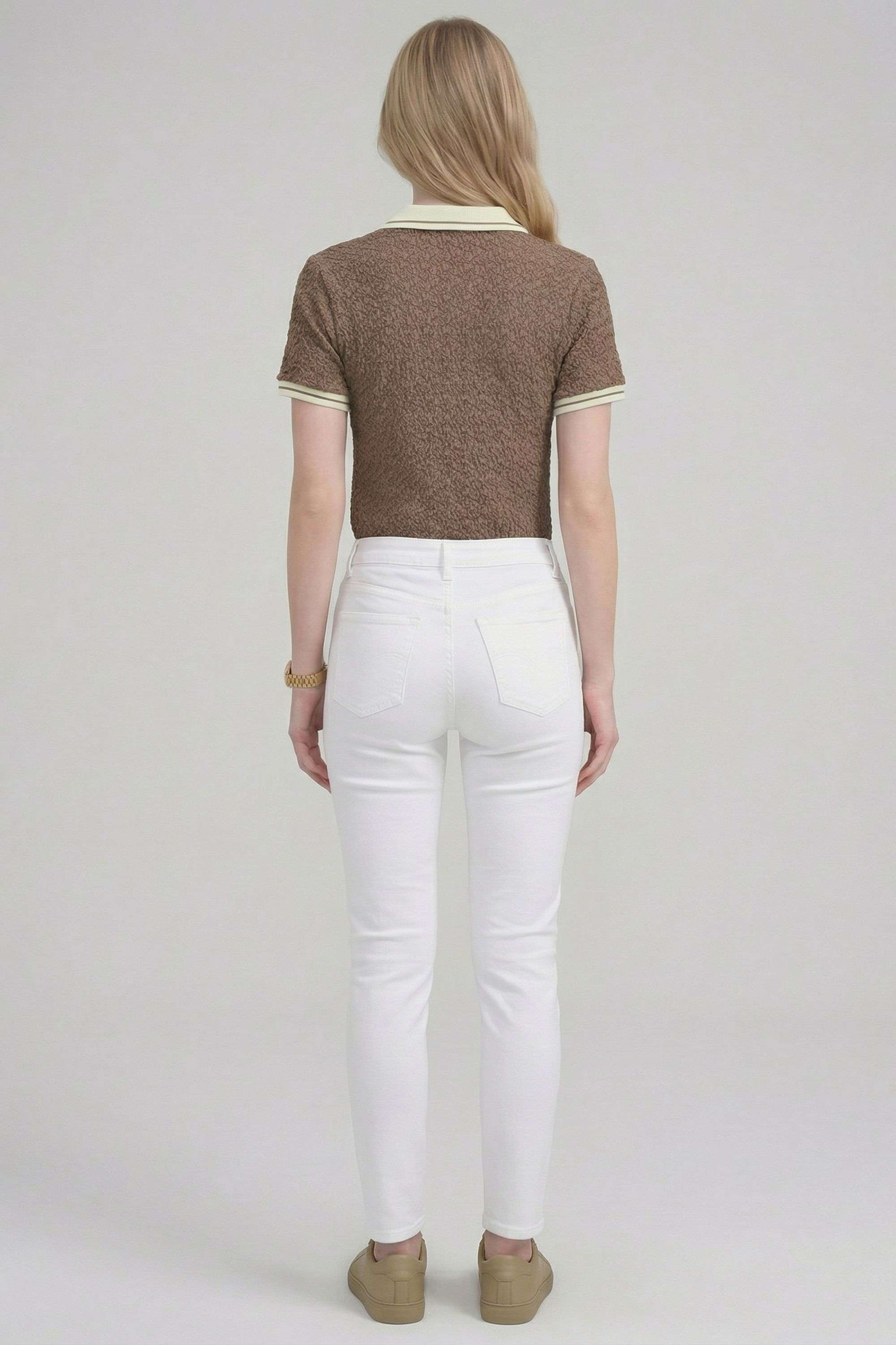 Solid-Blended-Fabric-Collared-Women-s-T-Shirt