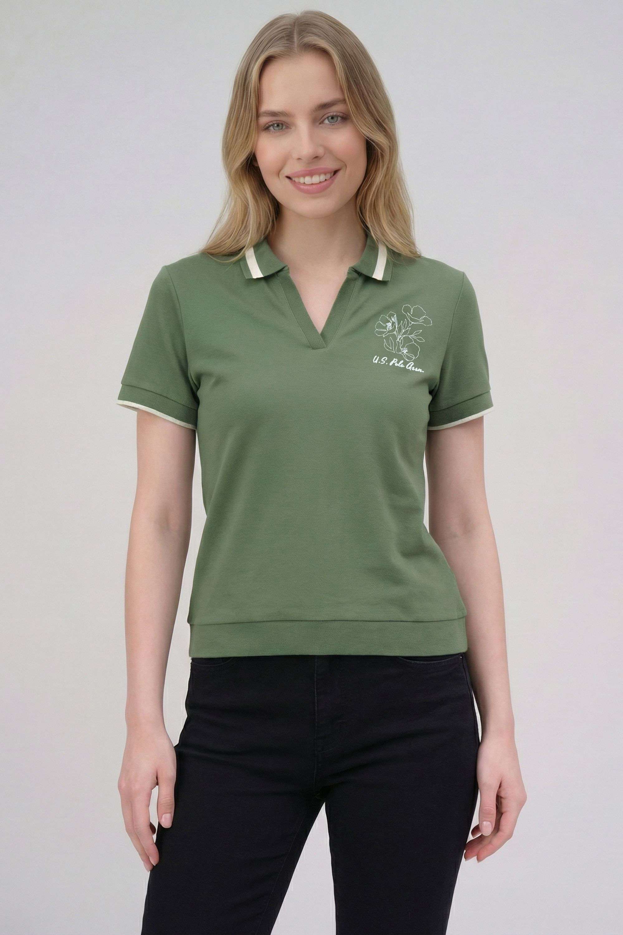 Floral-Blended-Fabric-Collared-Women-s-T-Shirt