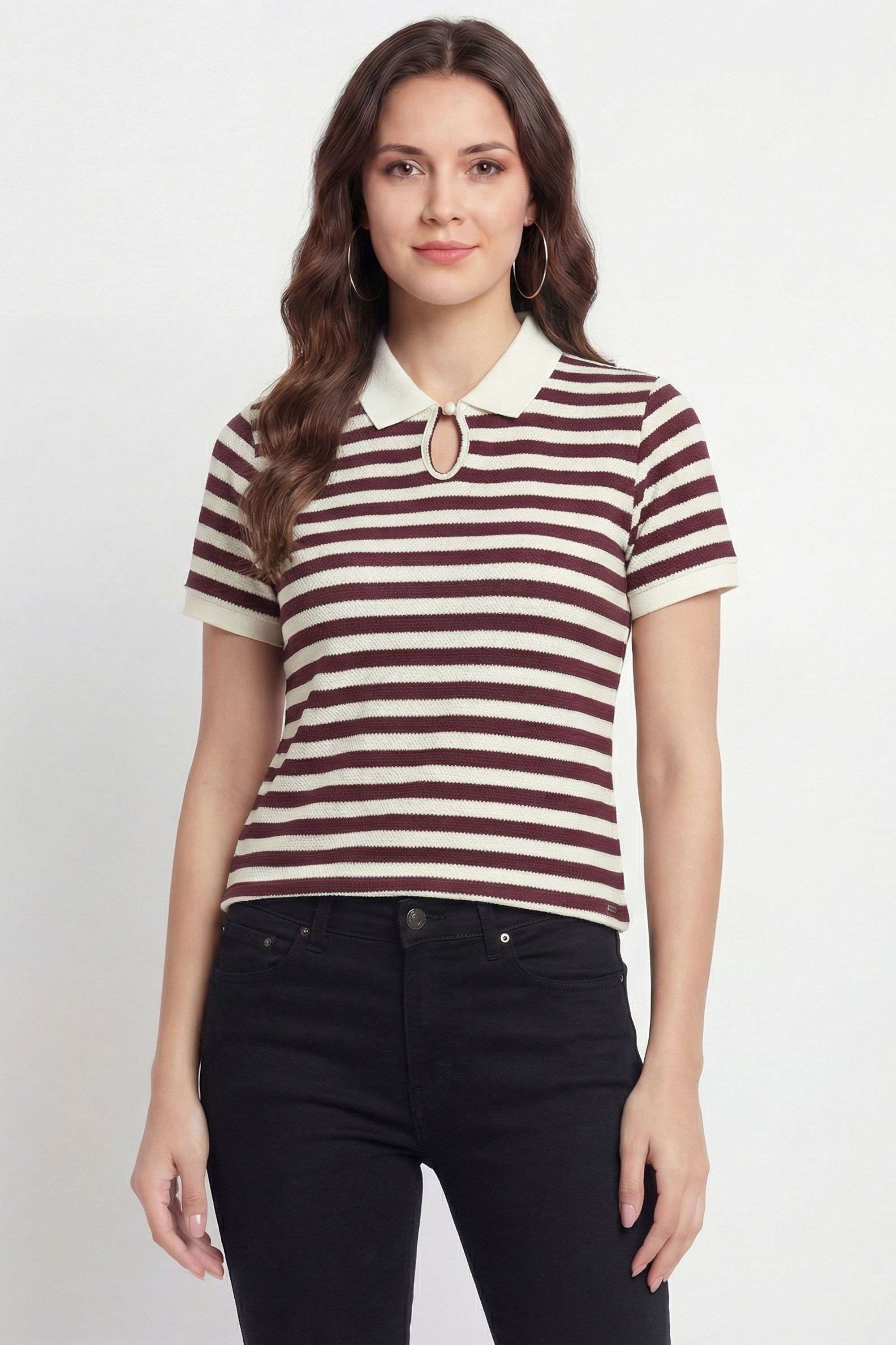 Stripes-Blended-Fabric-Choker-Neck-Women-s-T-Shirt