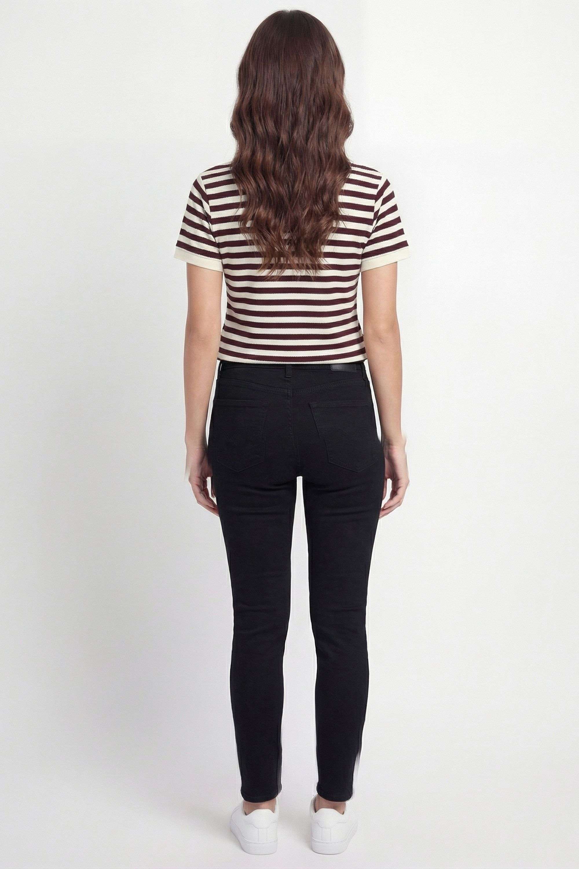 Stripes-Blended-Fabric-Choker-Neck-Women-s-T-Shirt