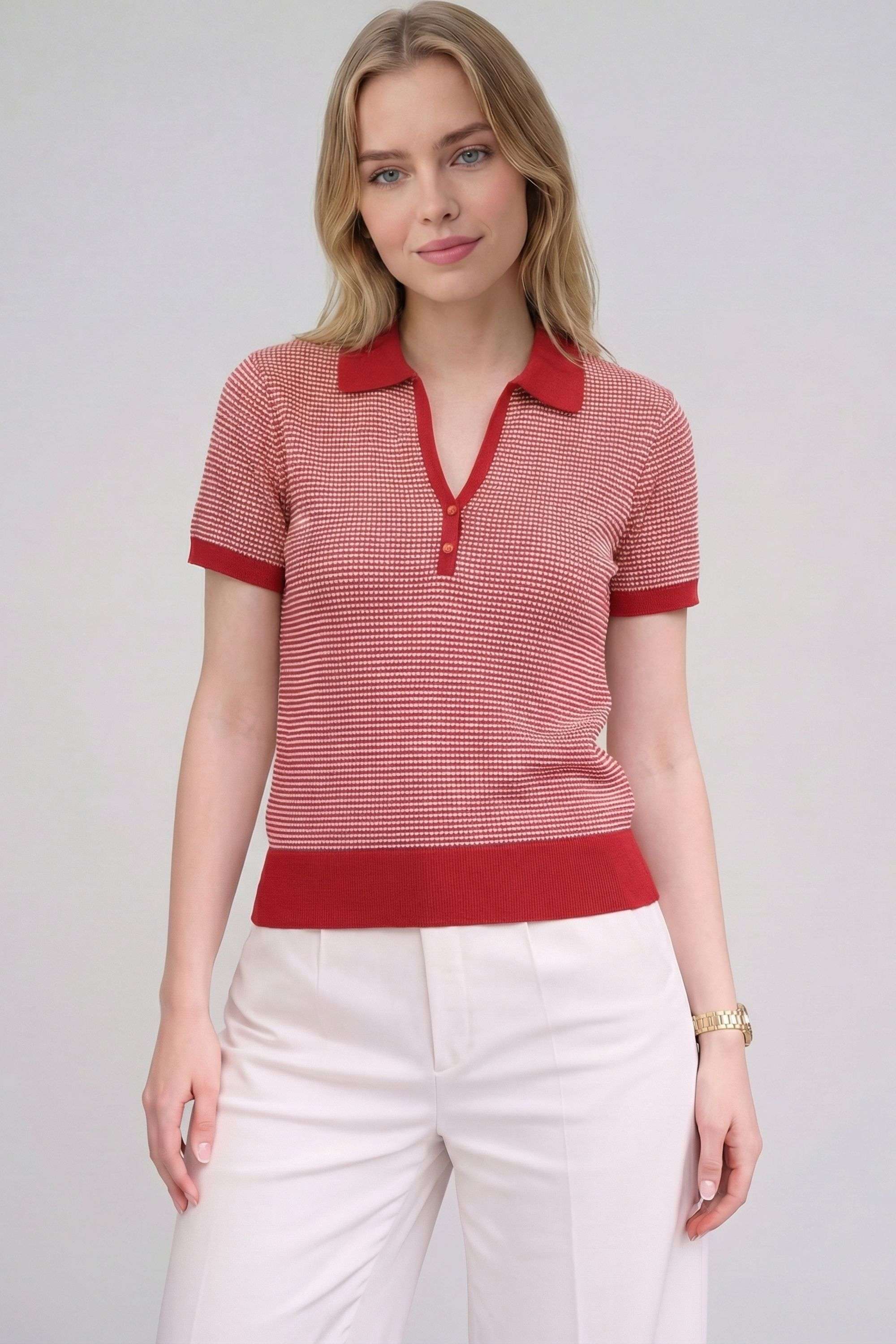 Stripes-Blended-Fabric-Collared-Women-s-T-Shirt
