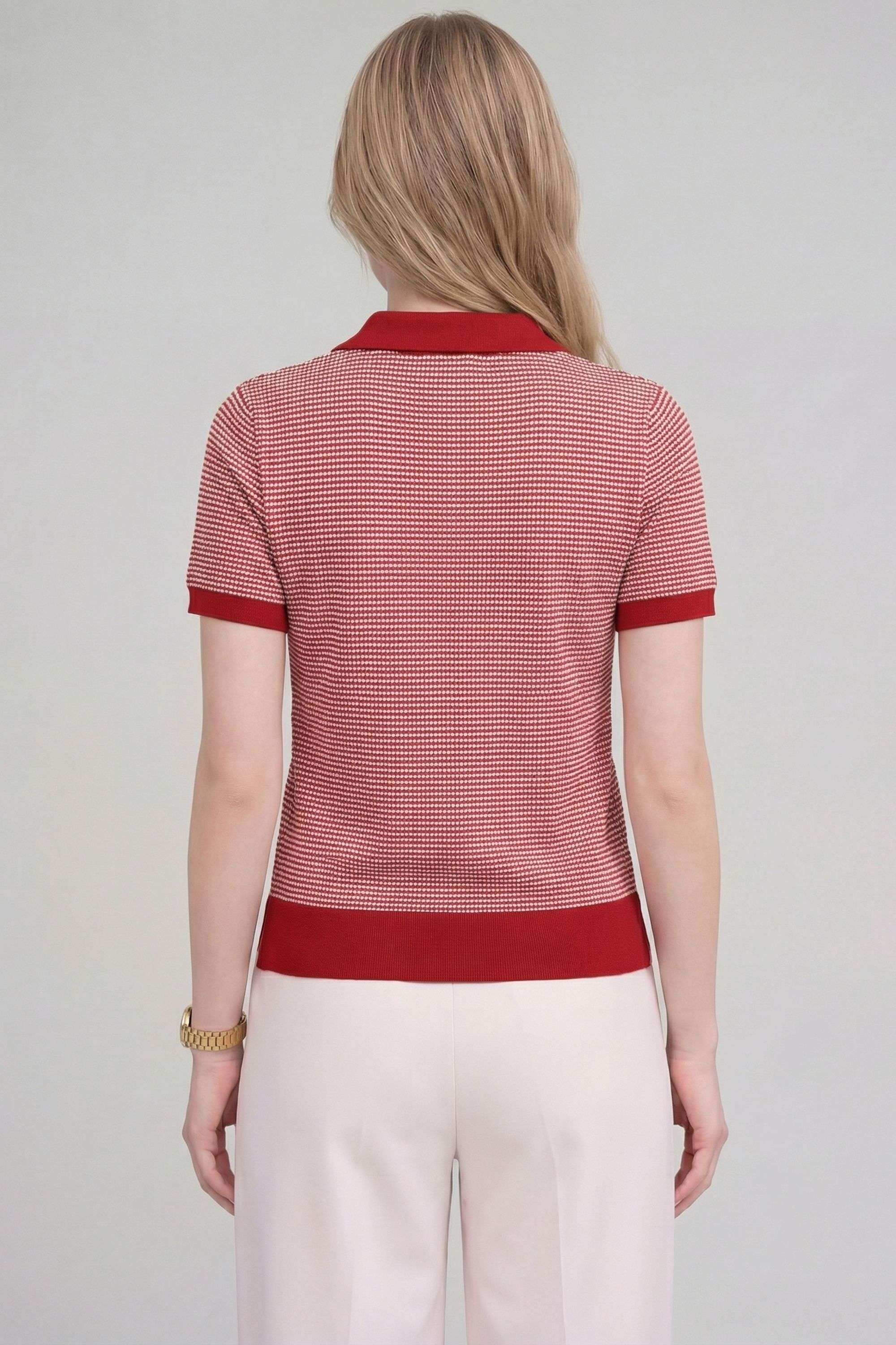 Stripes-Blended-Fabric-Collared-Women-s-T-Shirt