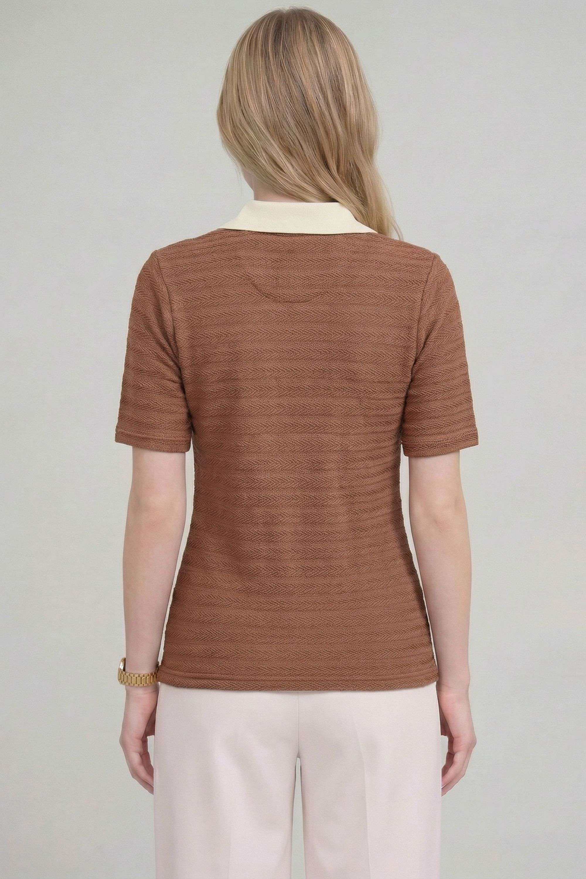 Textured-Blended-Fabric-Collared-Women-s-T-Shirt