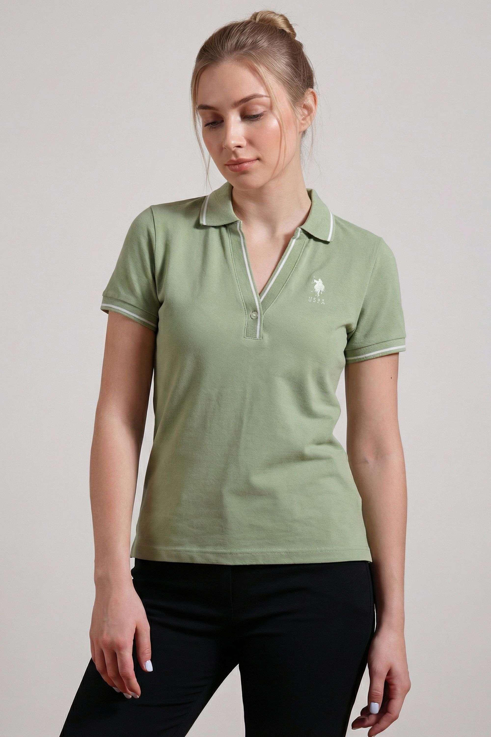 Solid-Blended-Fabric-Polo-Women-s-T-Shirt