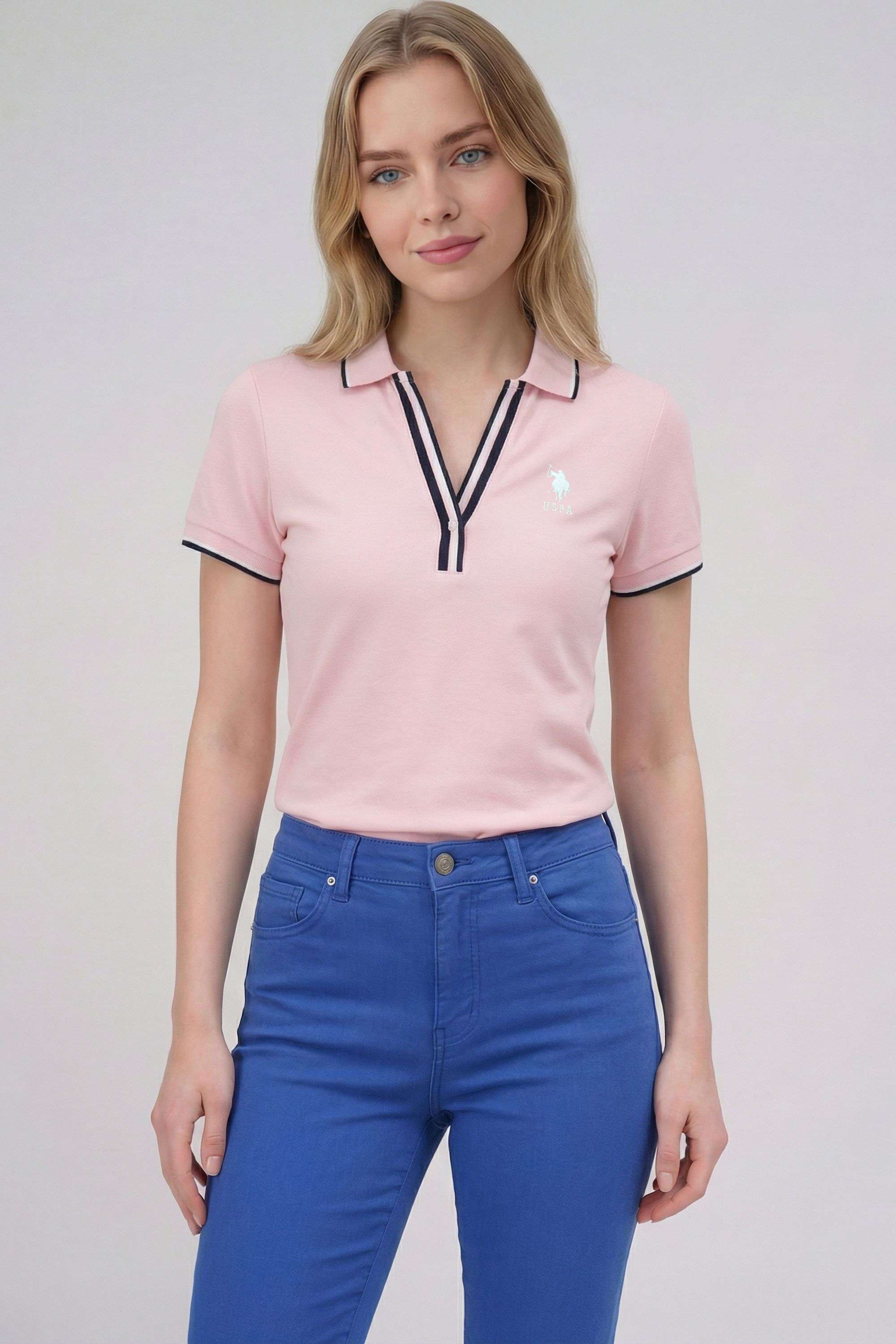Solid-Blended-Fabric-Collared-Women-s-T-Shirt