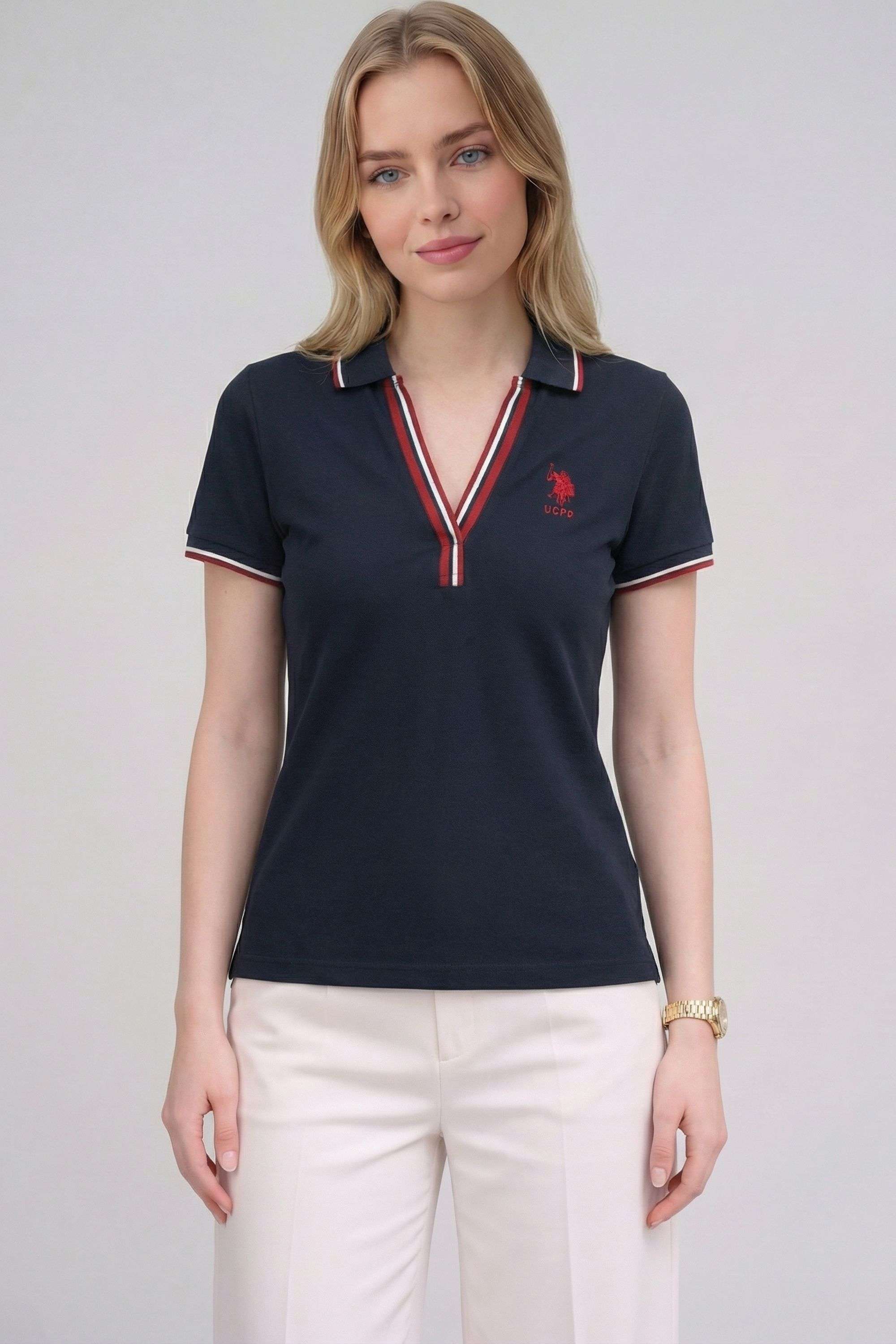 Solid-Blended-Fabric-Collared-Women-s-T-Shirt