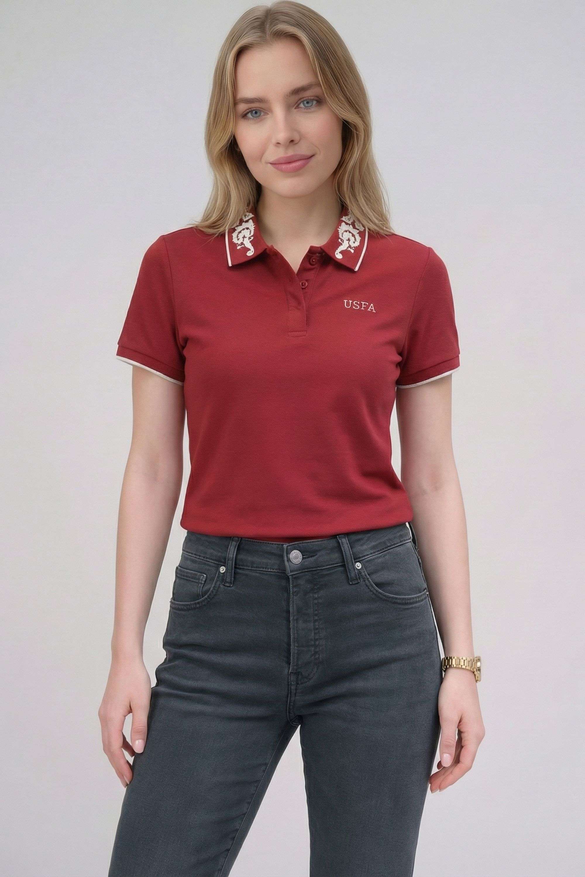 Embroidered-Blended-Fabric-Collared-Women-s-T-Shirt