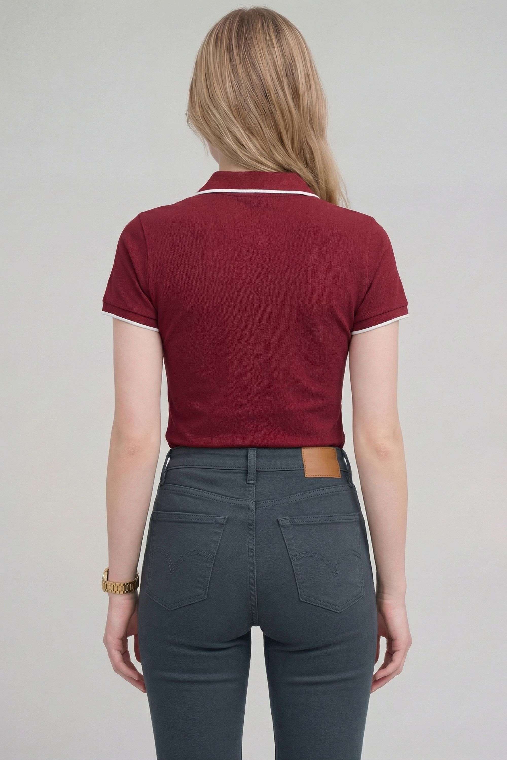 Embroidered-Blended-Fabric-Collared-Women-s-T-Shirt