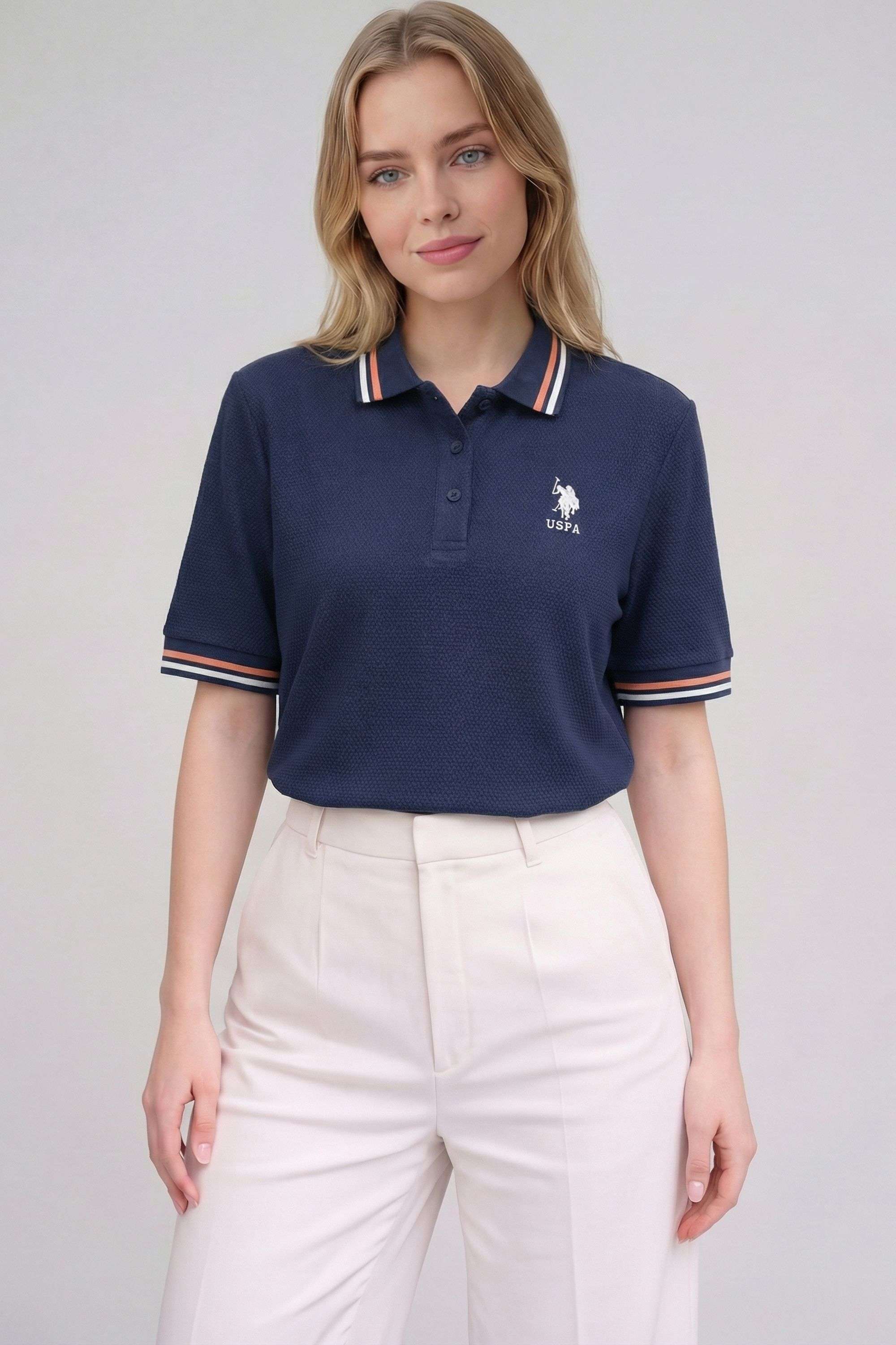 Solid-Blended-Fabric-Polo-Women-s-T-Shirt