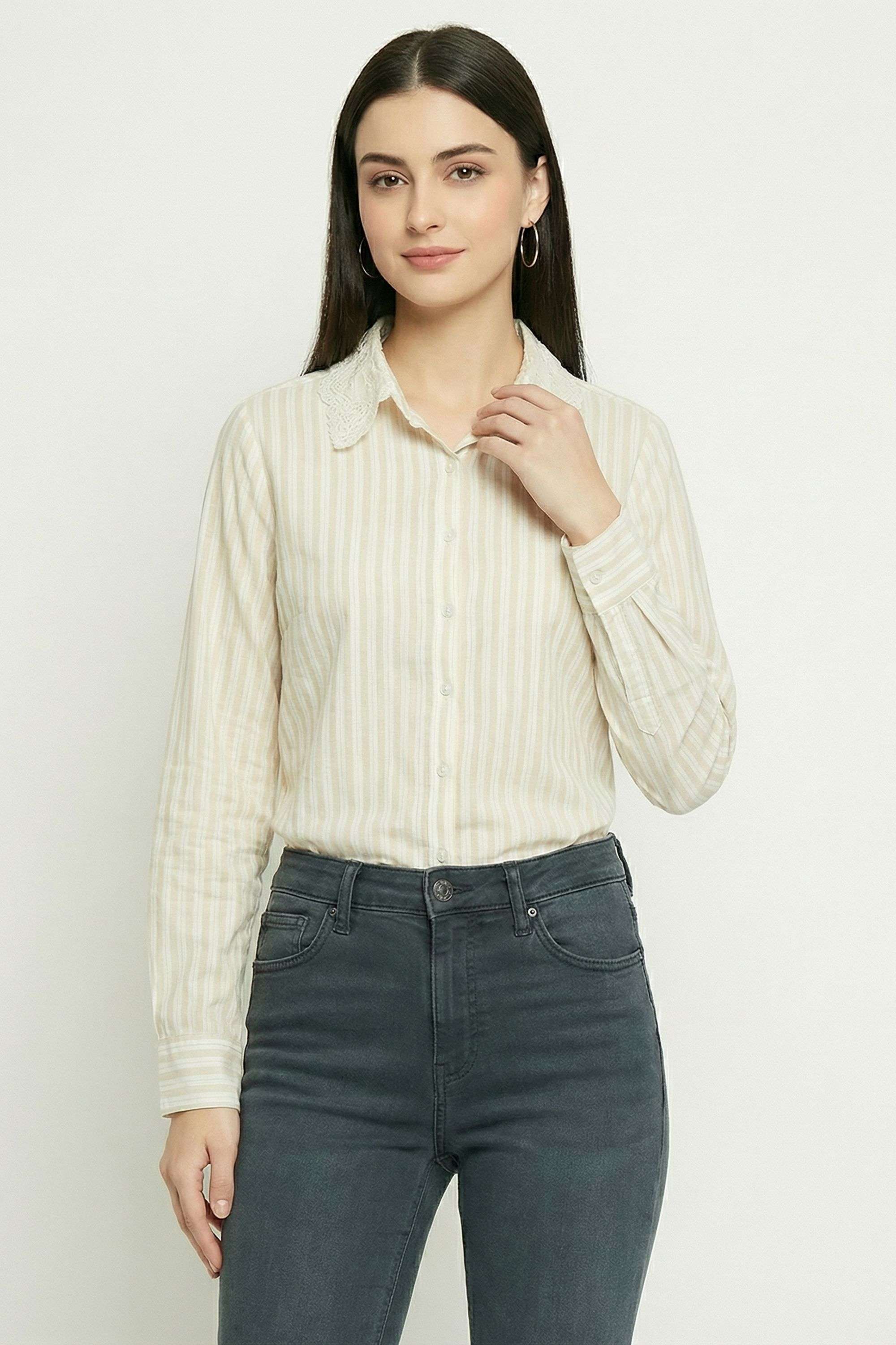 Stripes-Collared-Blended-Fabric-Women-s-Casual-Wear-Shirt