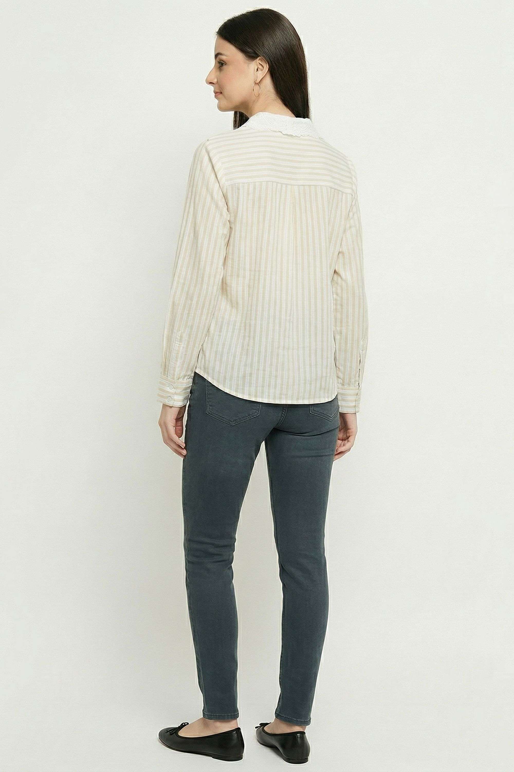 Stripes-Collared-Blended-Fabric-Women-s-Casual-Wear-Shirt