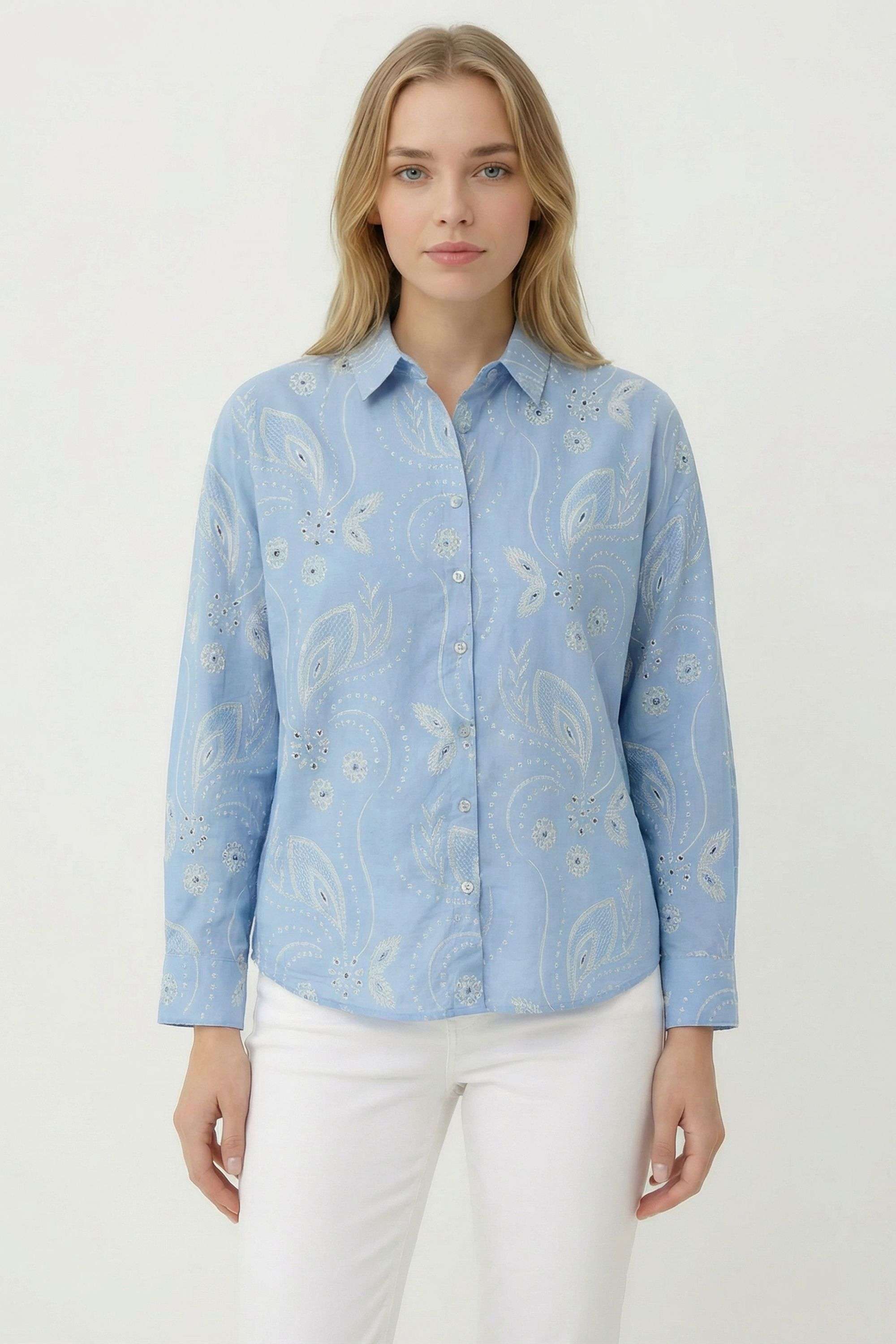 Solid-Collared-Blended-Fabric-Women-s-Casual-Wear-Shirt