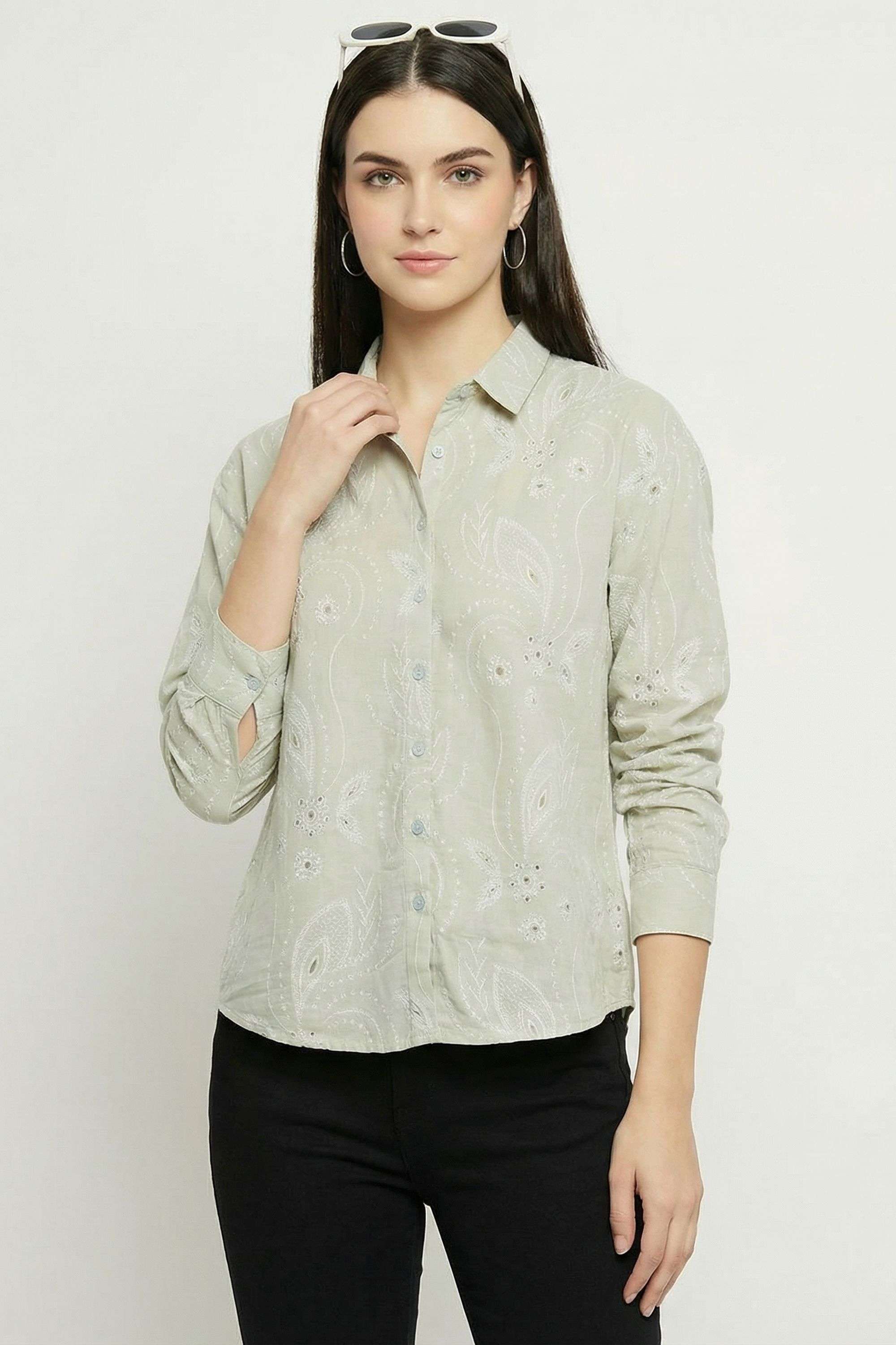 Floral-Collared-Blended-Fabric-Women-s-Casual-Wear-Shirt