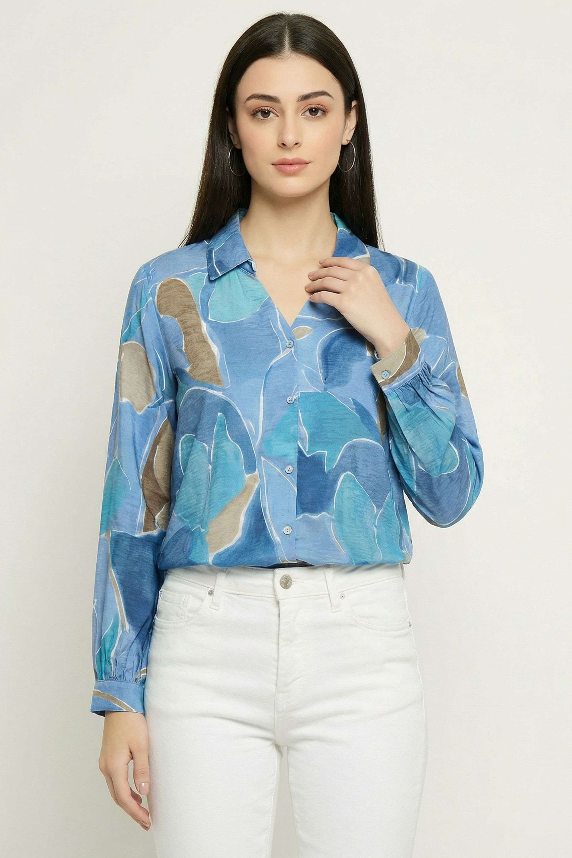 Floral-Collared-Blended-Fabric-Women-s-Casual-Wear-Shirt
