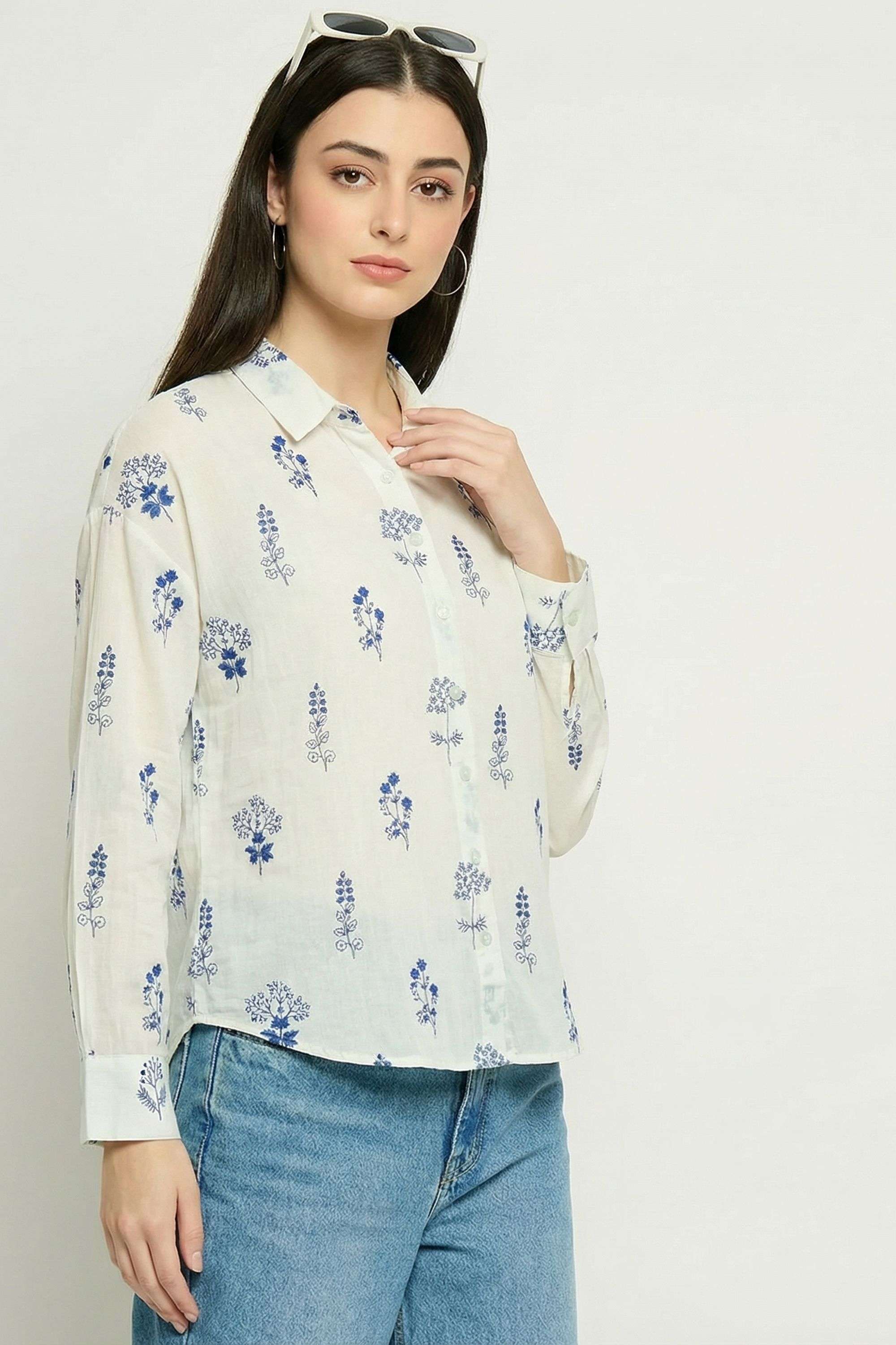 Floral-Collared-Blended-Fabric-Women-s-Casual-Wear-Shirt