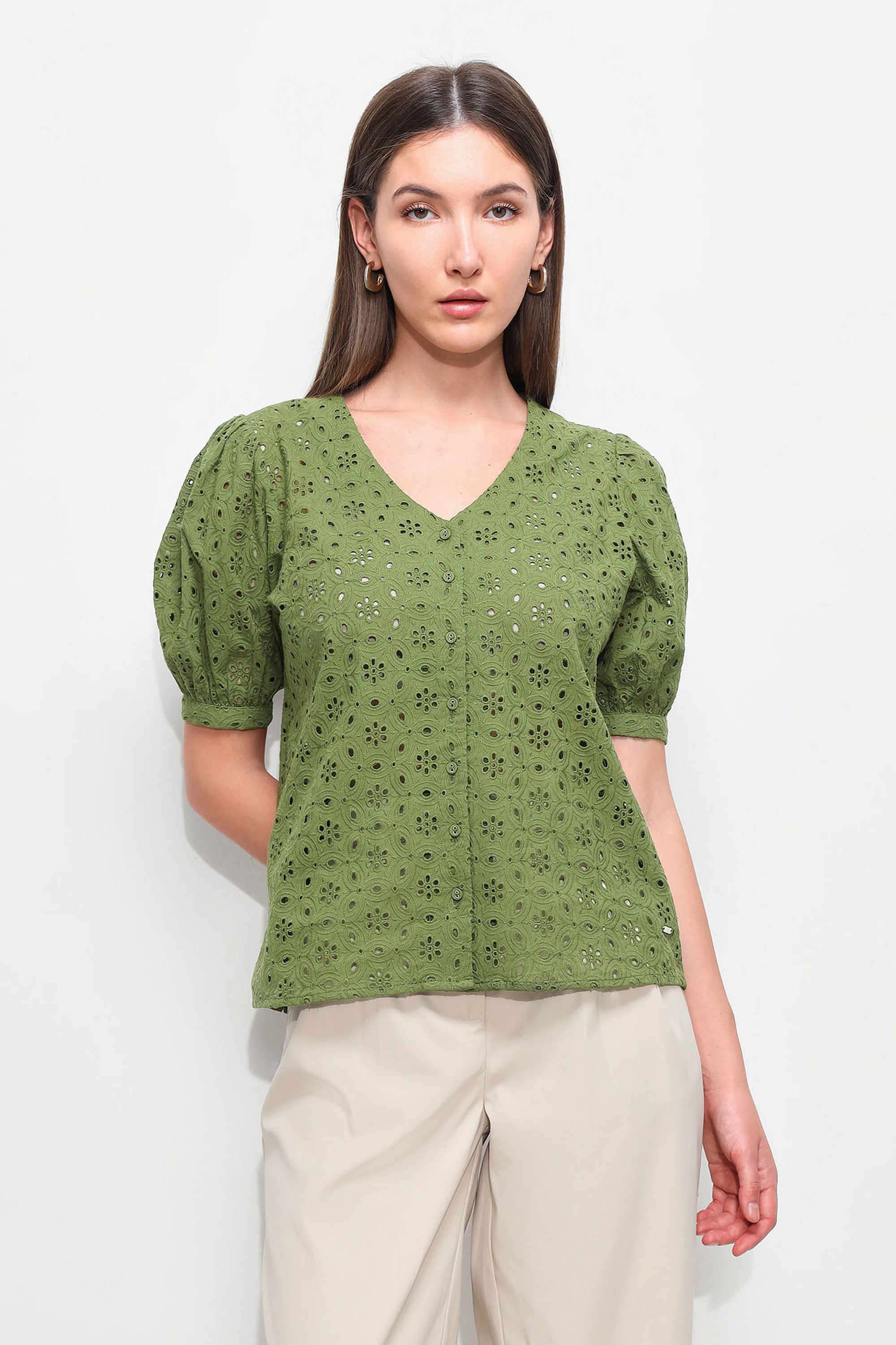 Textured-Cotton-V-Neck-Women-s-Top