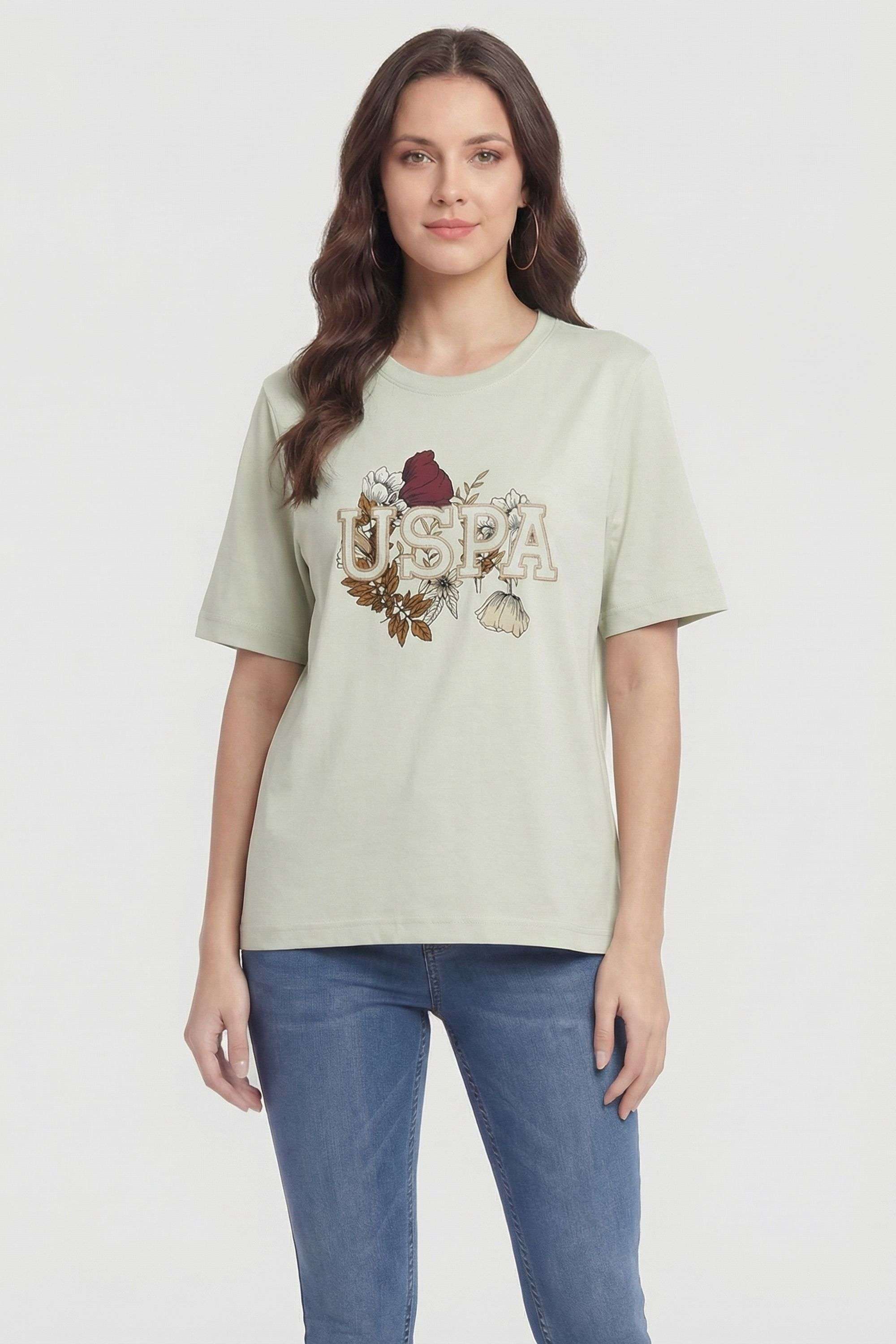 Graphic-Print-Blended-Fabric-Round-Neck-Women-s-T-Shirt