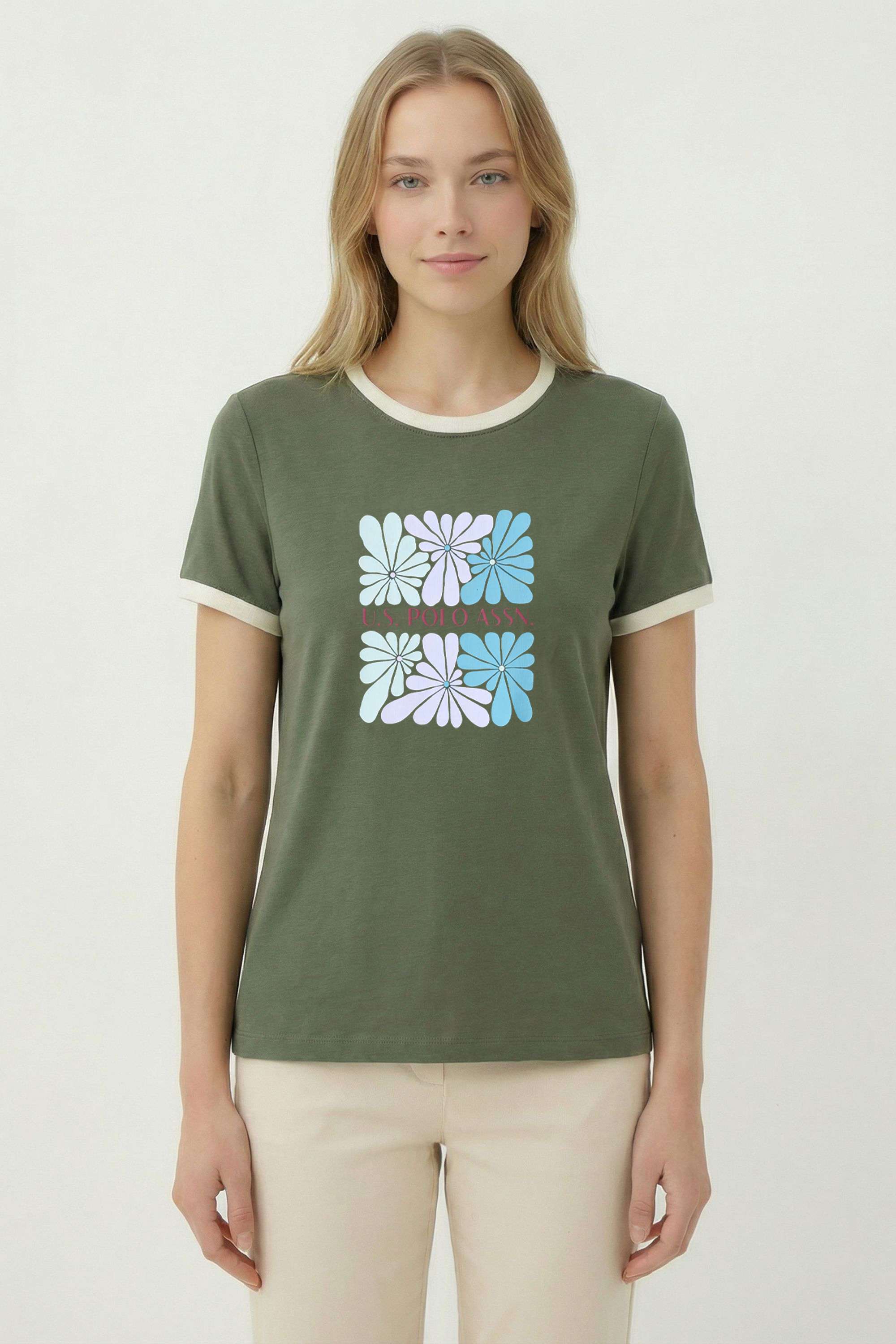 Floral-Blended-Fabric-Round-Neck-Women-s-T-Shirt