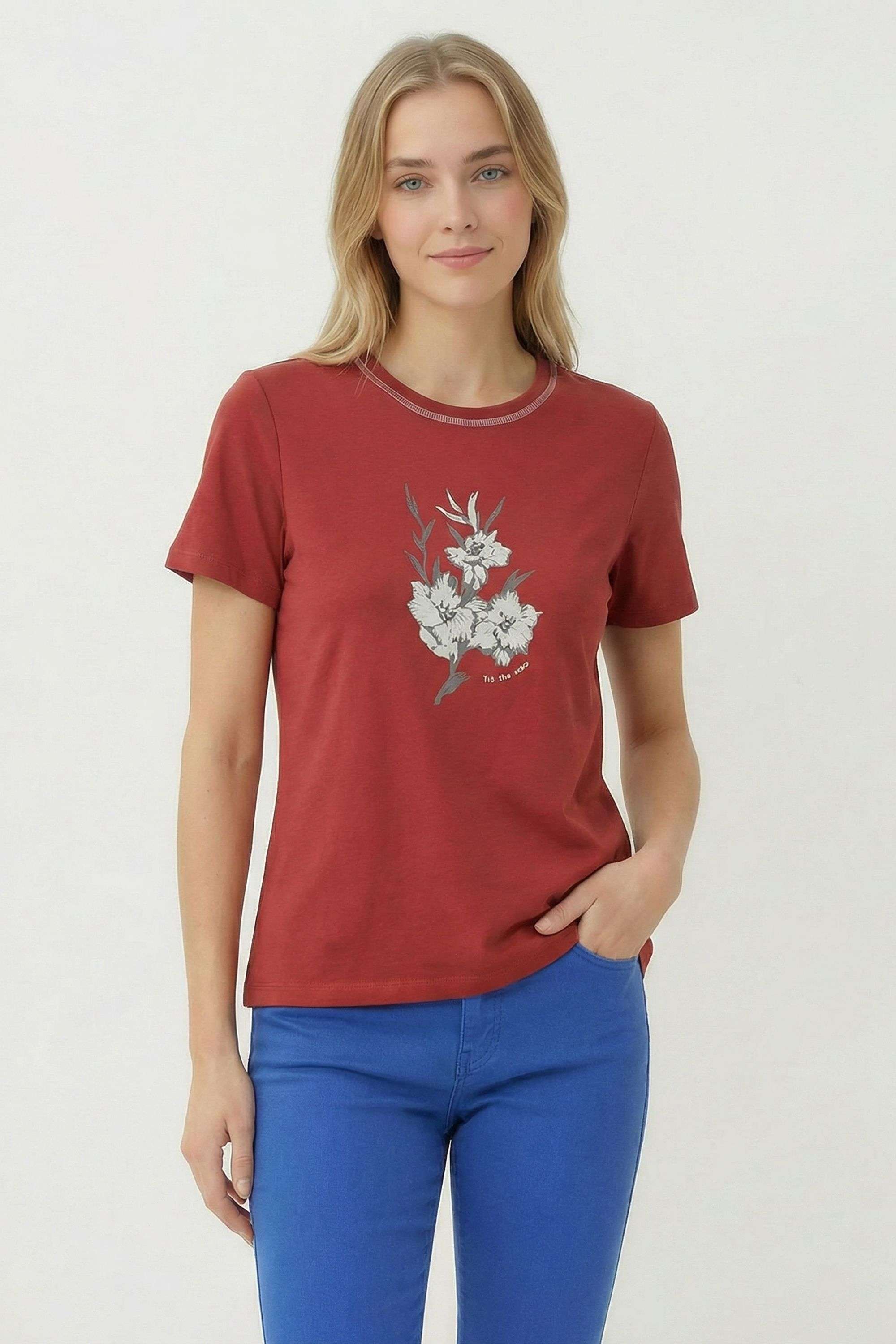 Floral-Blended-Fabric-Round-Neck-Women-s-T-Shirt