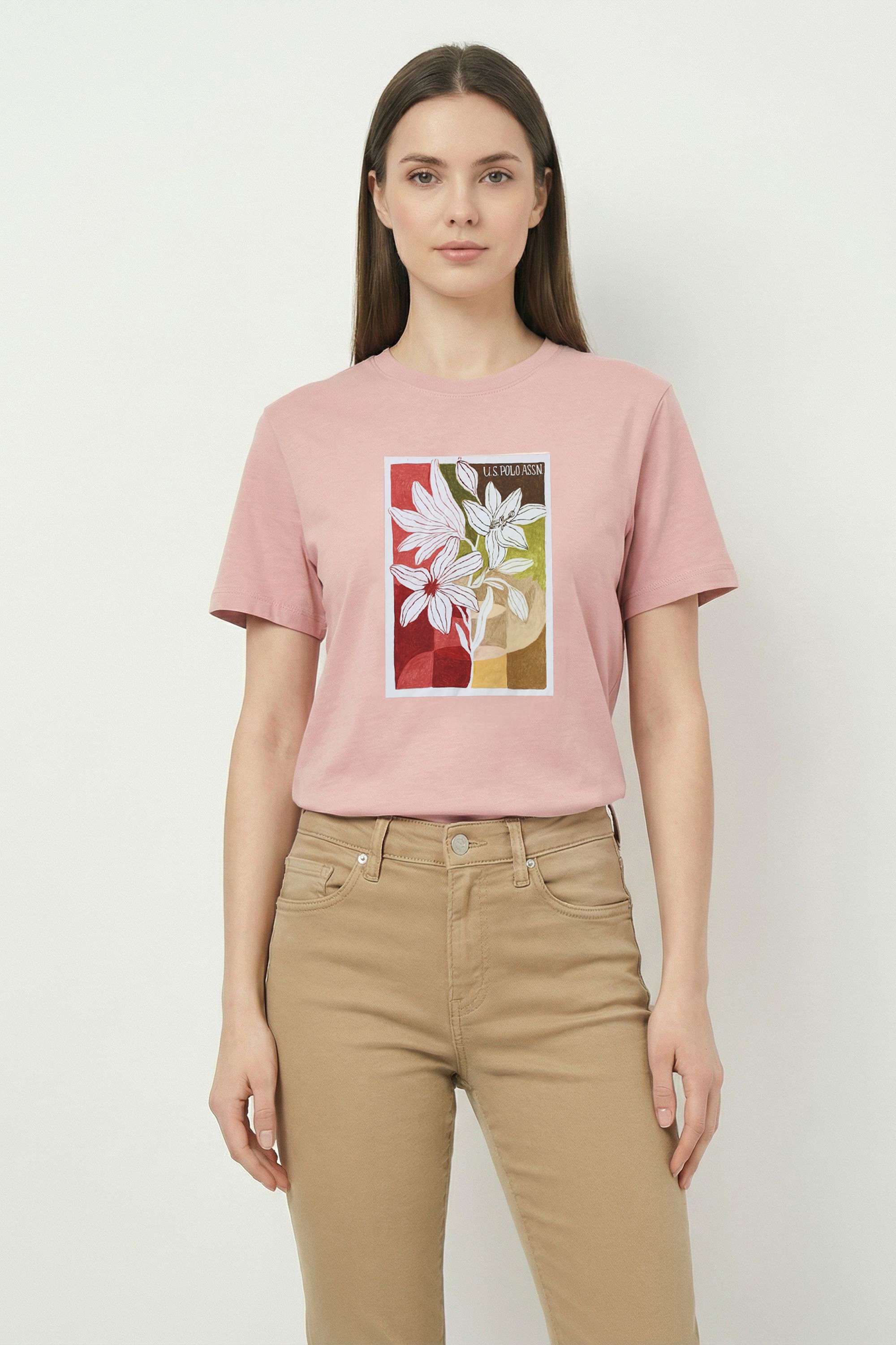 Floral-Blended-Fabric-Round-Neck-Women-s-T-Shirt