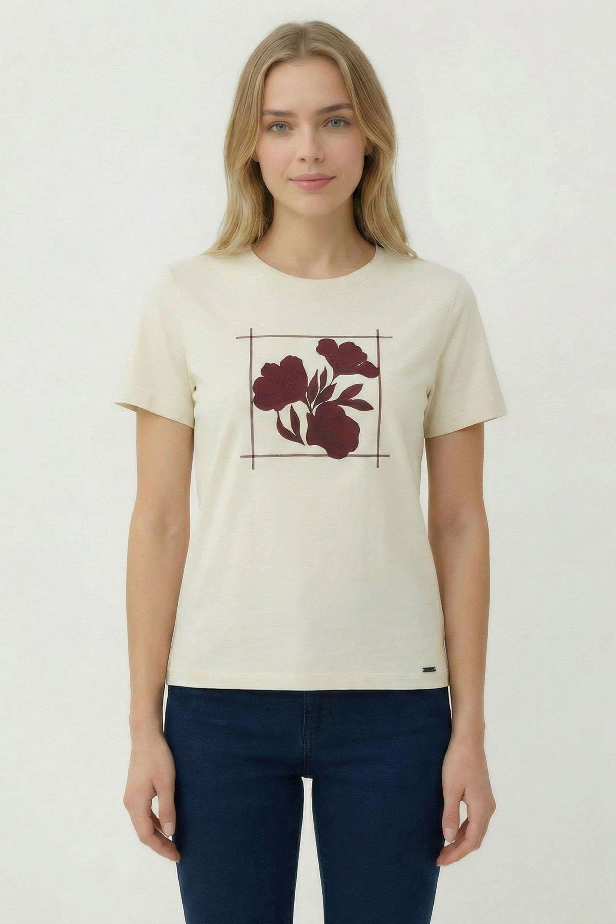Floral-Blended-Fabric-Round-Neck-Women-s-T-Shirt