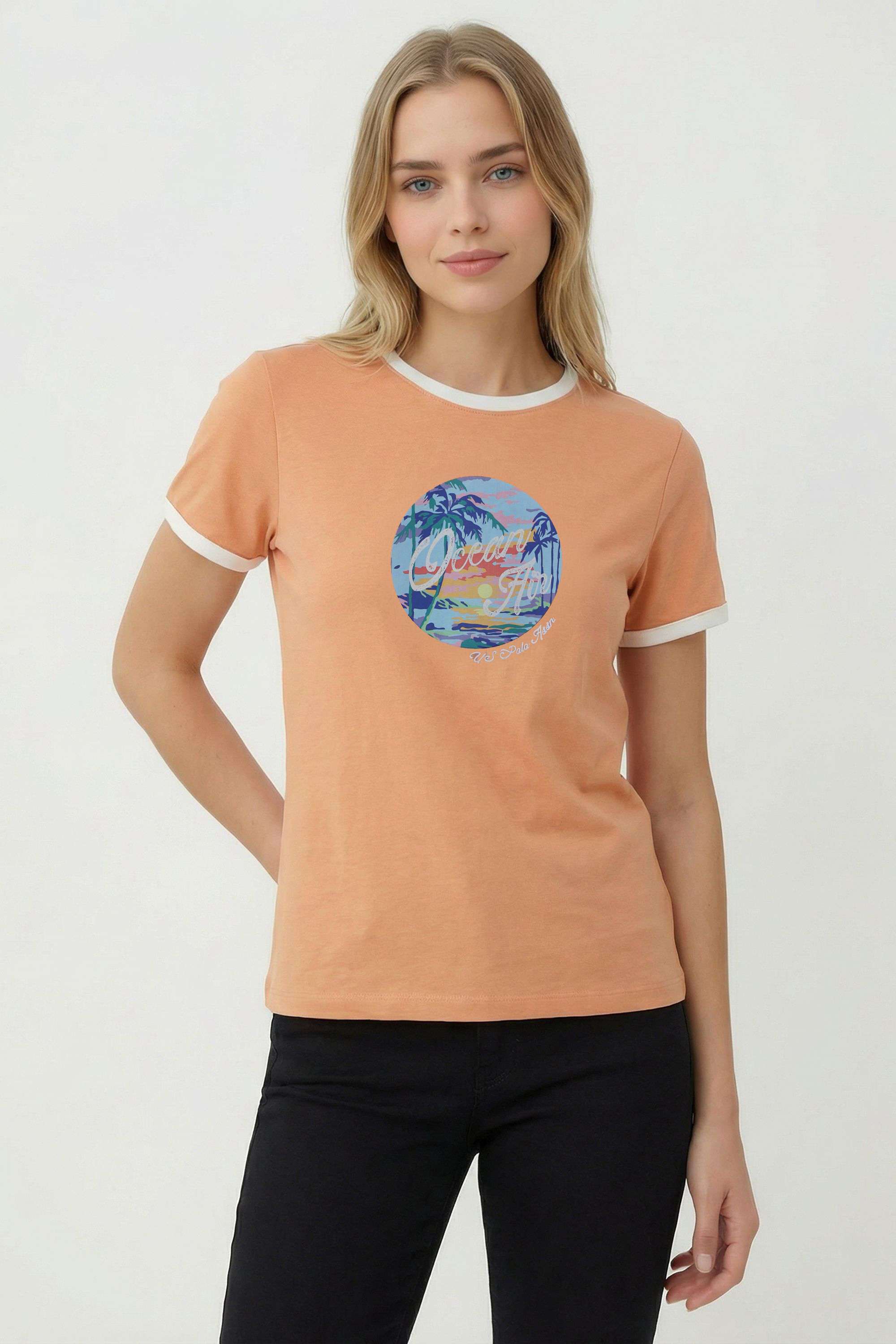 Graphic-Print-Blended-Fabric-Round-Neck-Women-s-T-Shirt