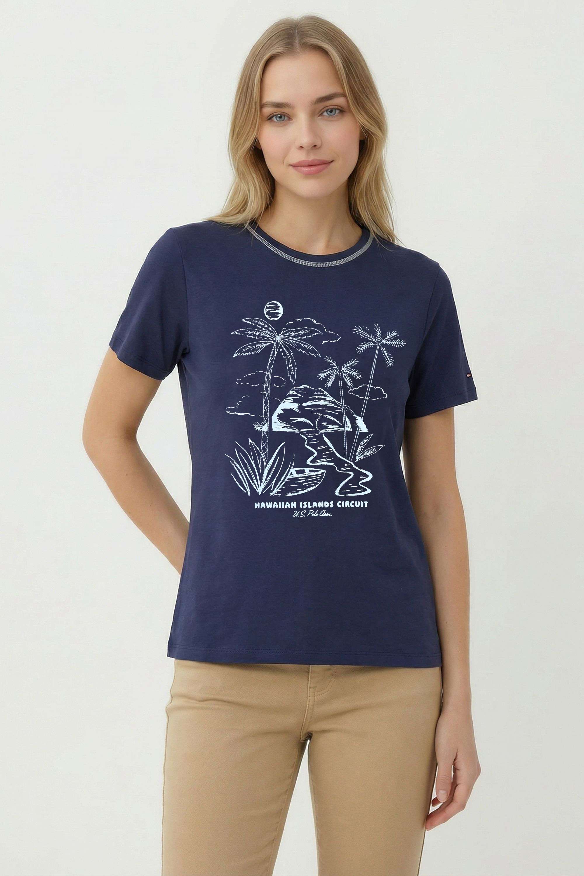 Graphic-Print-Blended-Fabric-Round-Neck-Women-s-T-Shirt