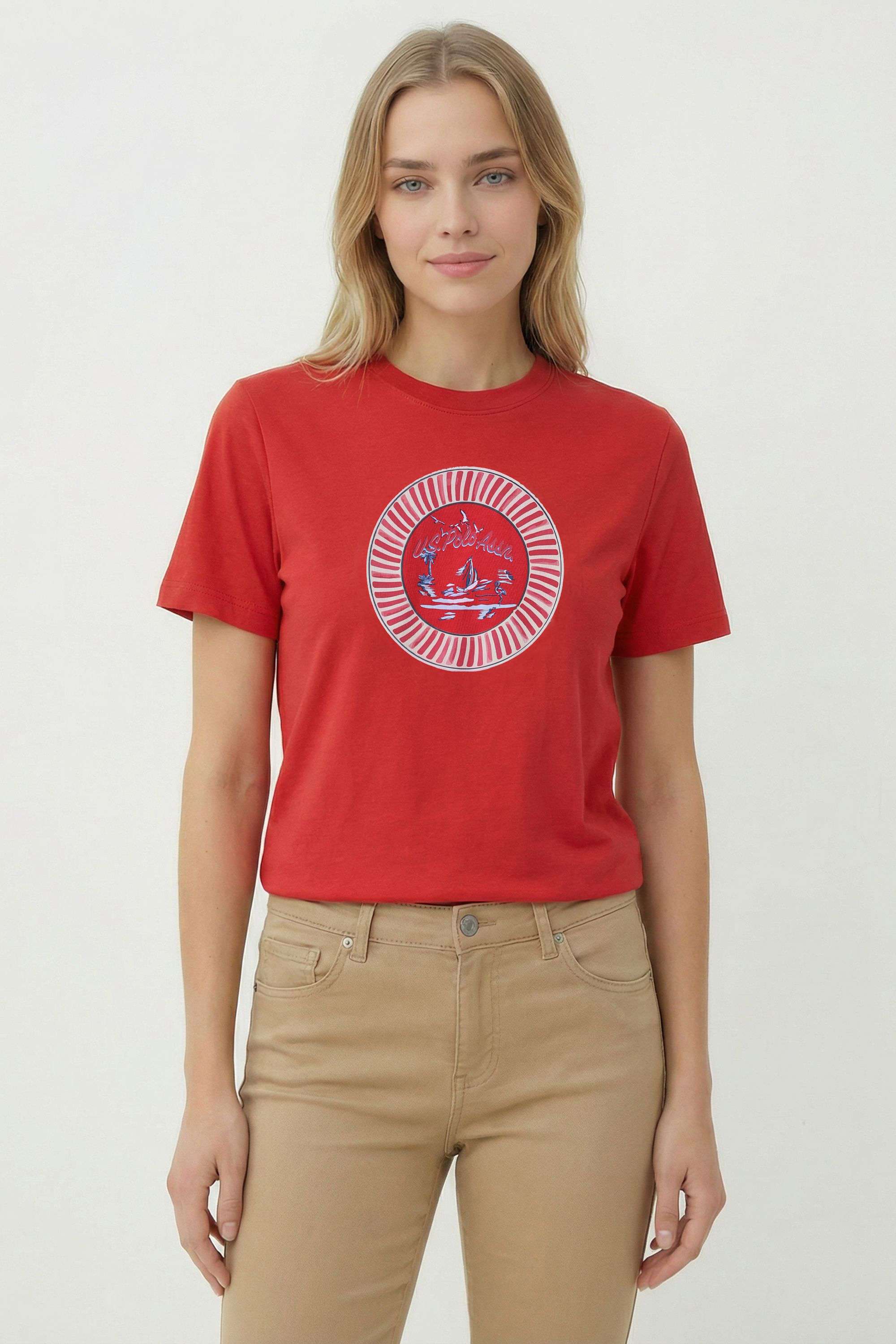 Graphic-Print-Blended-Fabric-Round-Neck-Women-s-T-Shirt