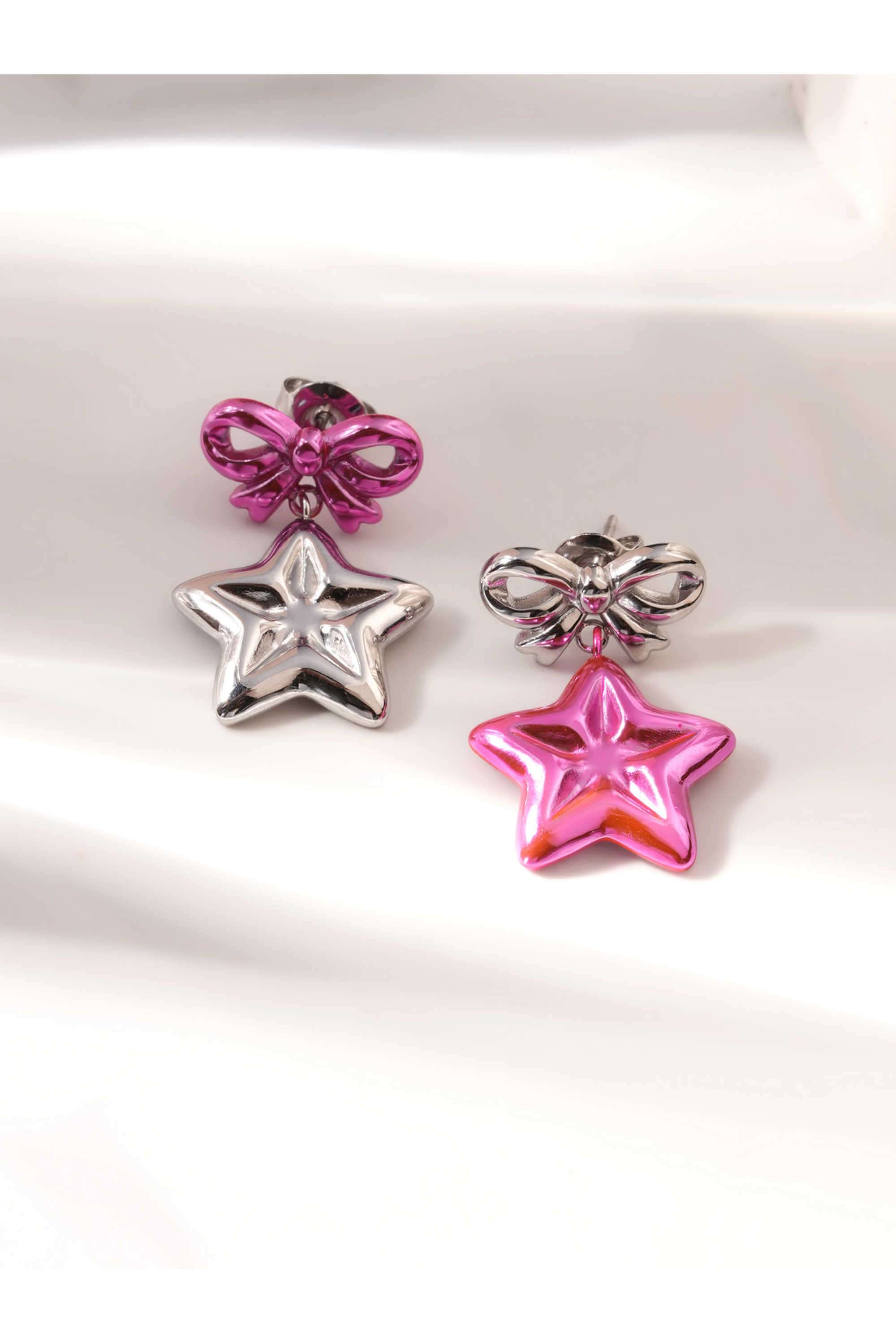 Cute-Pink-Bow-&-Star-Drop-Earrings-For-Women---Waterproof-&-Anti-Tarnish