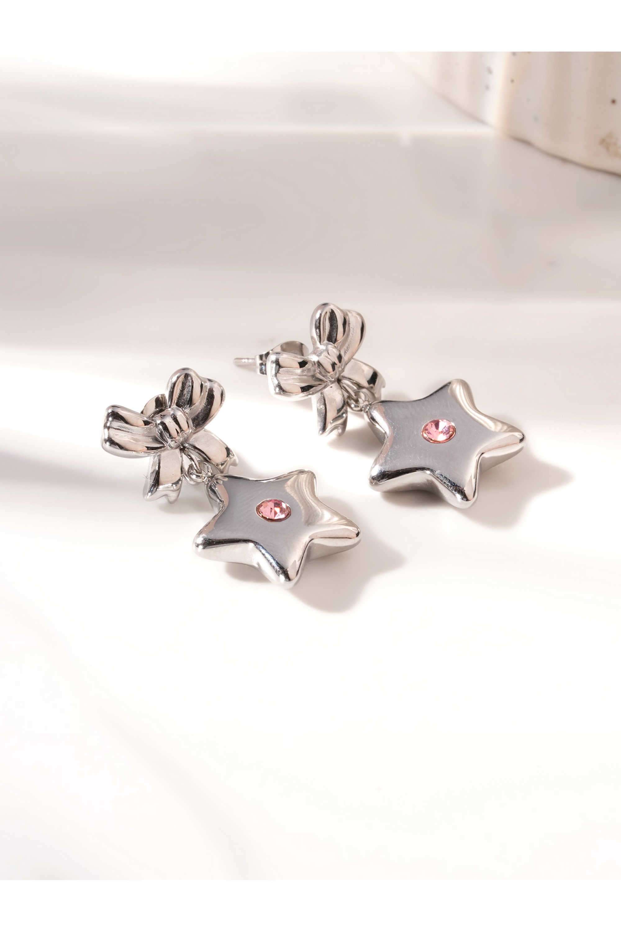 Solid-Bow-&-Star-Drop-Earrings-For-Women---Waterproof-&-Anti-Tarnish