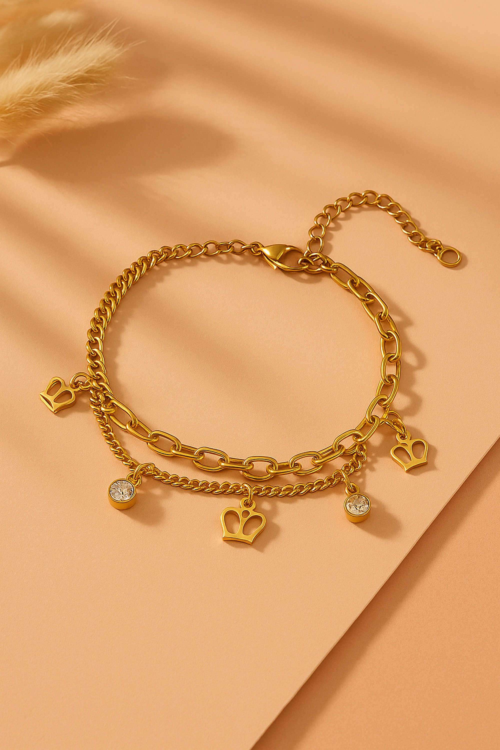 Stainless-Steel-Casual-Wear-Women-Crown-Charm-Chain-Bracelets
