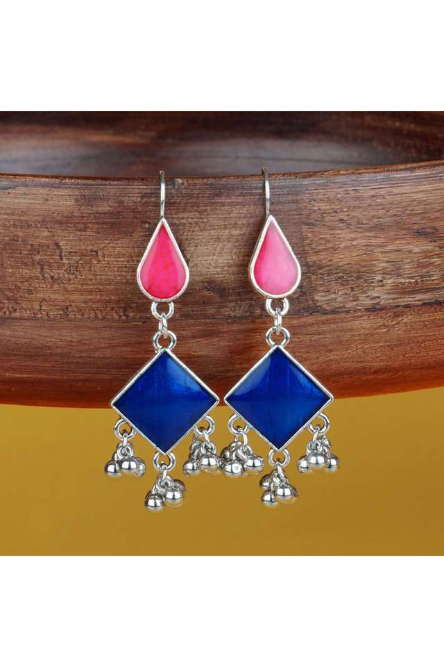 Multi-Color-Silver-Long-Earings-With-Blue-And-Pink-With-Minakari-Design