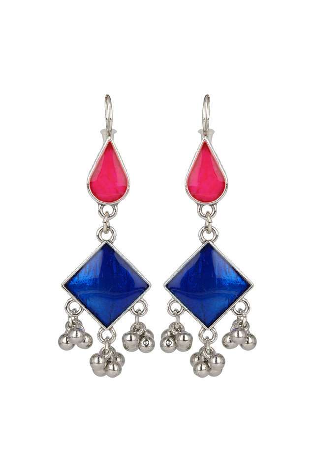 Multi-Color-Silver-Long-Earings-With-Blue-And-Pink-With-Minakari-Design