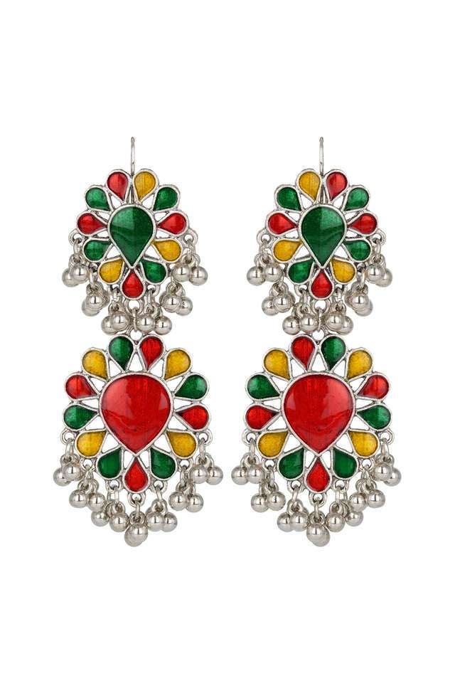 Multi-Color-Silver-Long-Earings-With-Red-And-Green-Minakari-Design